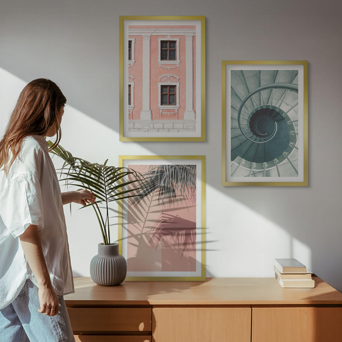BILDER SET 3er Set - 40x60 cm Goldrahmen - Pastellfarbene Spiralarchitektur - Goldfarben, Kunststoff (40/60cm) - TULUP