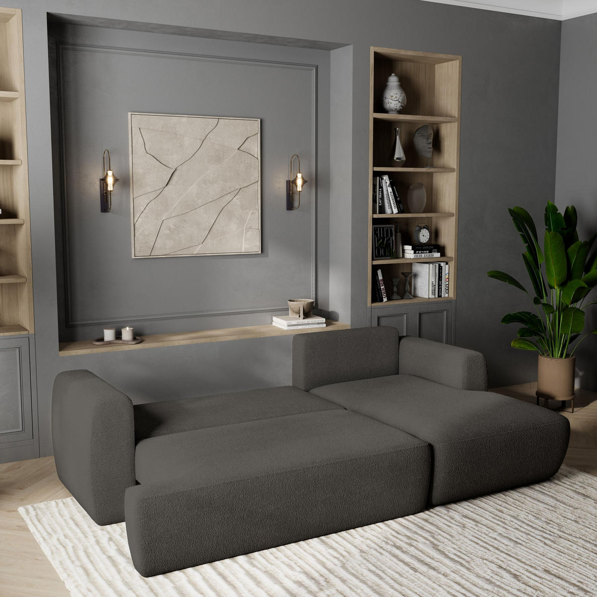 ECKSOFA SENTI N R-S Grau Boucle-Stoff mit Schlaffunktion - Grau, Holz (246/148cm) - MASSENO