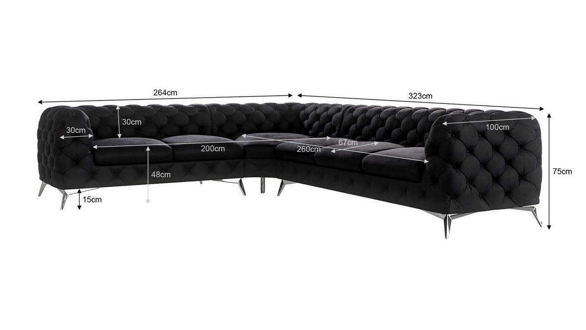 ECKSOFA Chesterfield Laura Schwarz Samt - Silberfarben/Schwarz, Holz/Textil (323/264cm) - S-Style Möbel