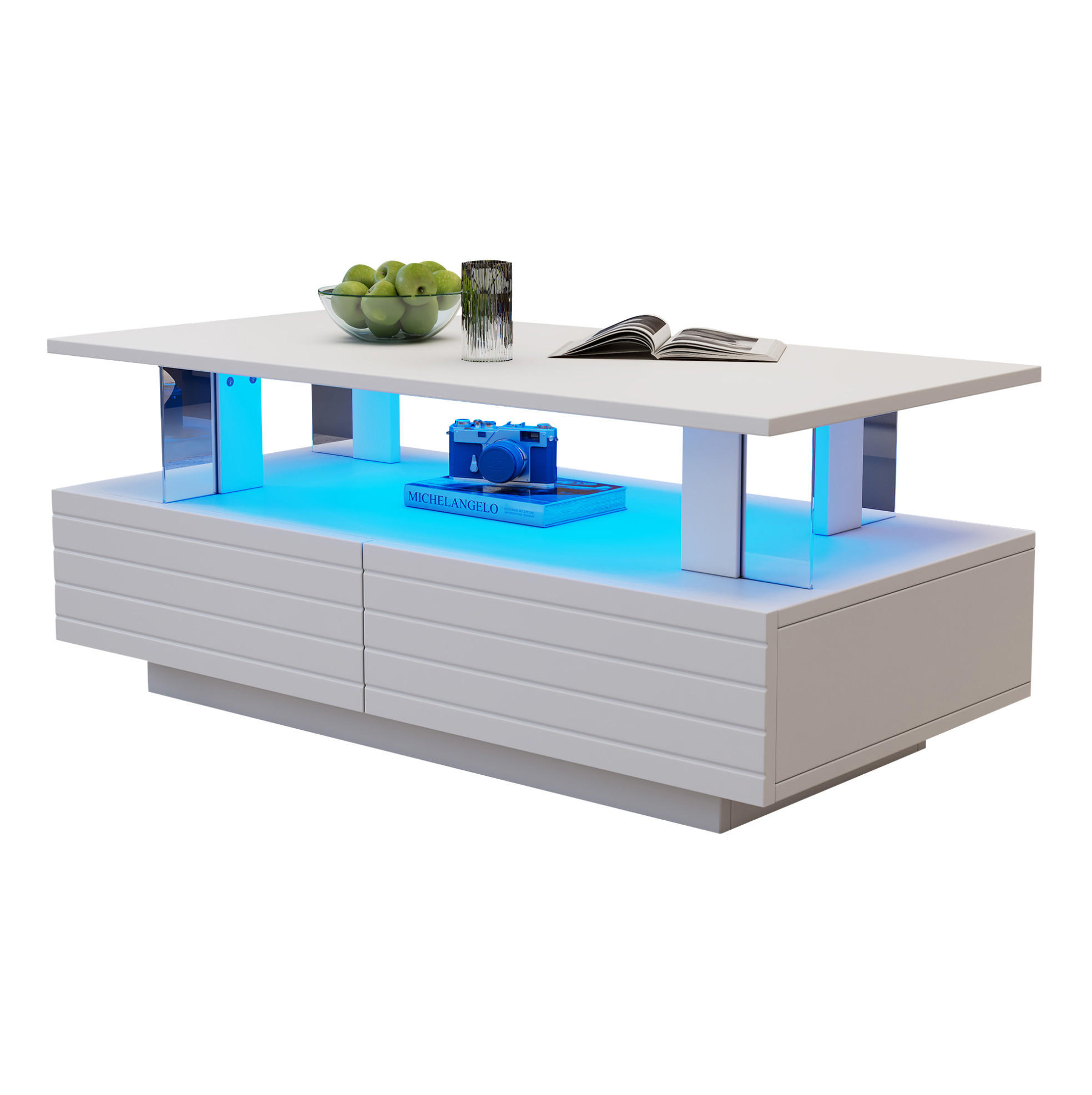 Modfu KONFERENČNÍ stolek z akrylu 100x50x42 cm bílý s LED osvětlením, 2 zásuvkami a úložnou policí