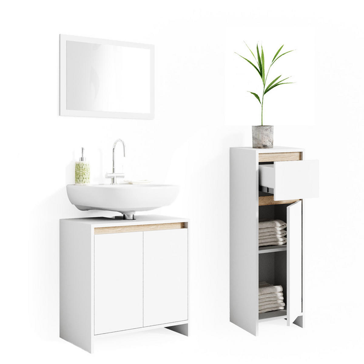 BADMÖBEL-SET Emma Weiß/Sonoma 3 Teile, mit Midischrank - Weiß/Sonoma Eiche, Holzwerkstoff (58/60/33cm) - Vicco