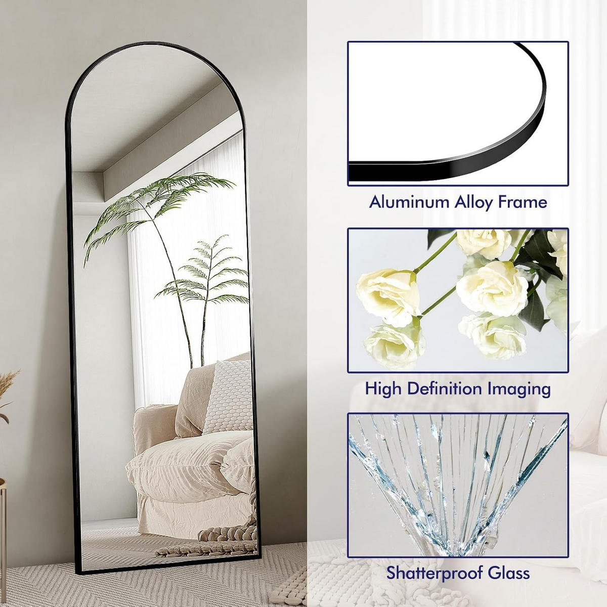 STANDSPIEGEL 165x60 cm- Rund, Standspiegel, Wandmontage - Schwarz, Glas/Metall (60/165/165cm)