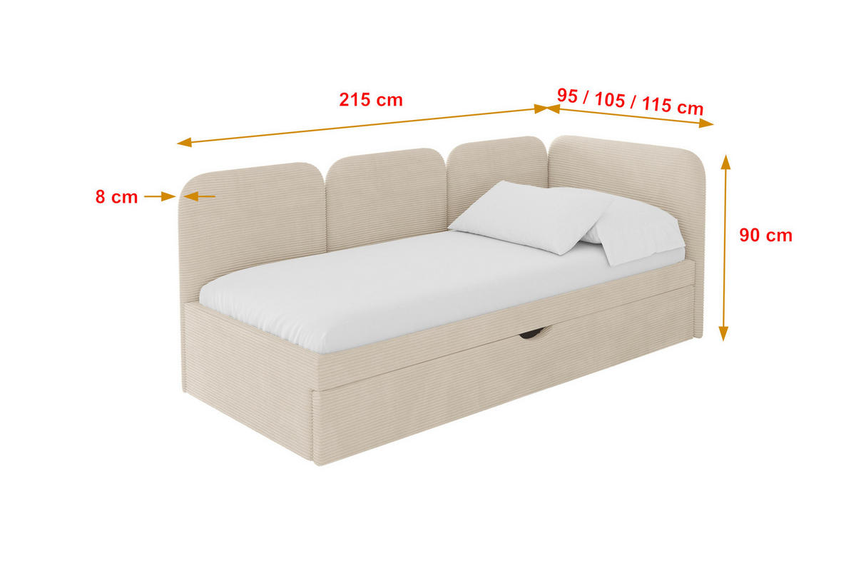 EINZELLBETT Jugendbett mit Bettkasten, Links - ALVY 100x200 Beige - Creme, Holzwerkstoff/Textil (100/200cm) - ALTDECOR