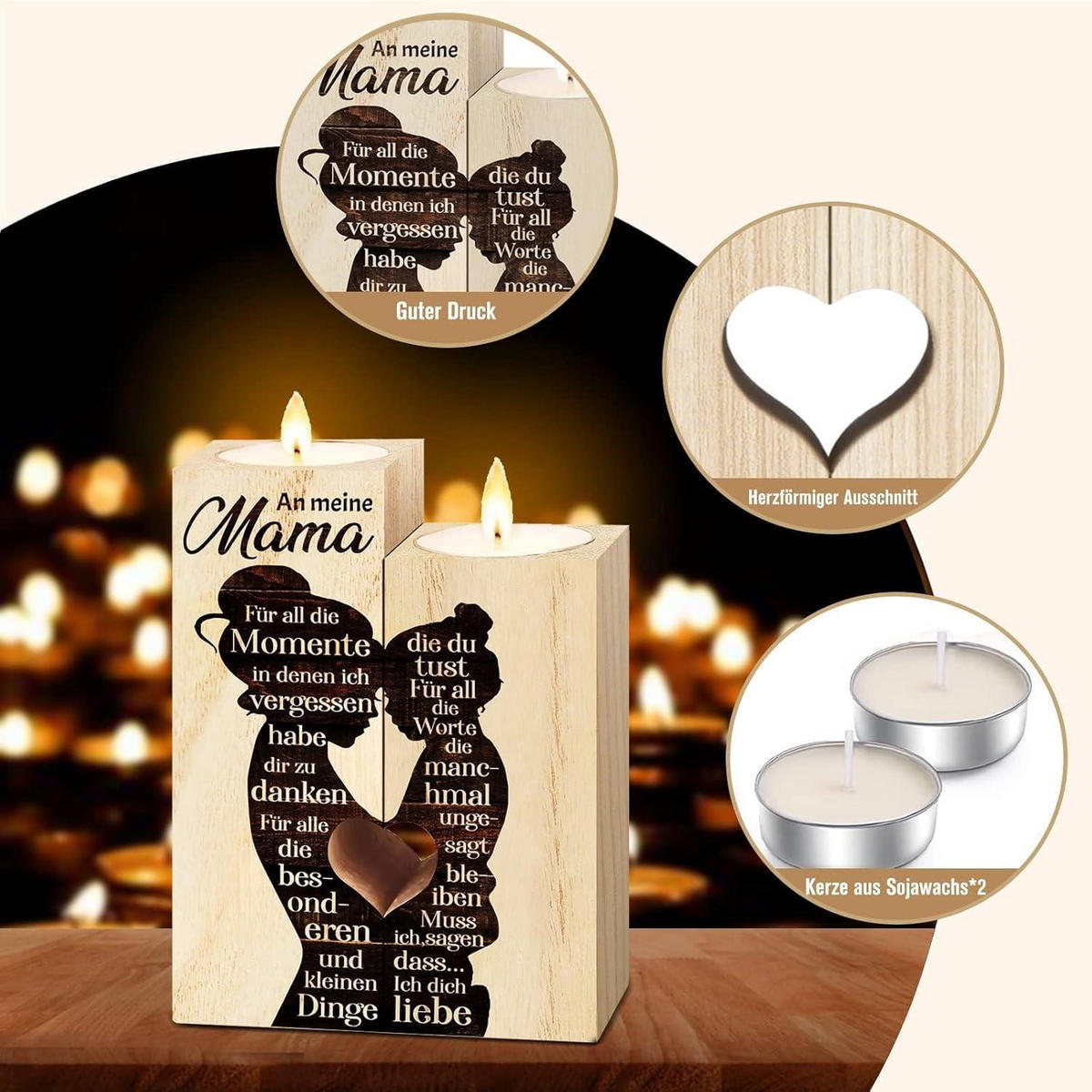 KERZENSTÄNDER Holz mit Gravur "An meine Mama" - Braun, Holz (4.5/12/9cm)