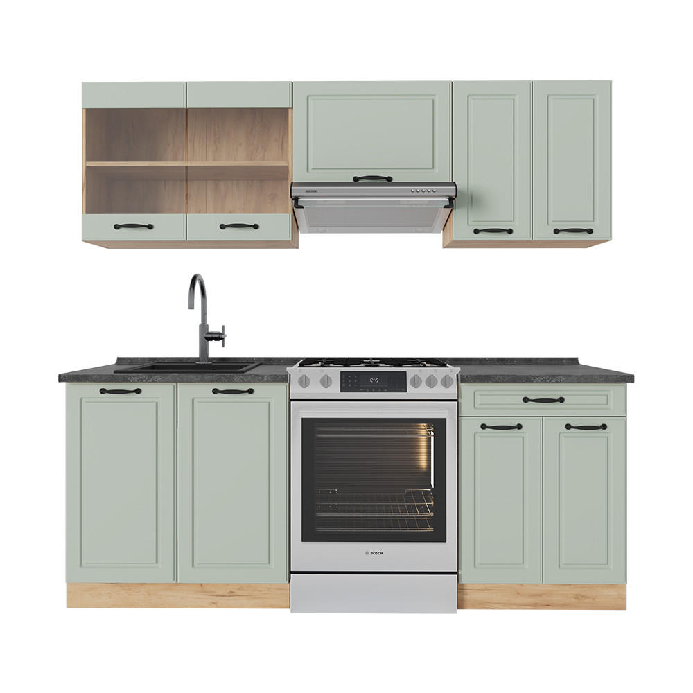 KÜCHENZEILE R-Line, Mint Landhaus/Goldkraft Eiche, 200 cm Arbeitsplatte Anthrazit - Honigeiche/Grün, Holzwerkstoff (200/81.6/60cm) - Vicco