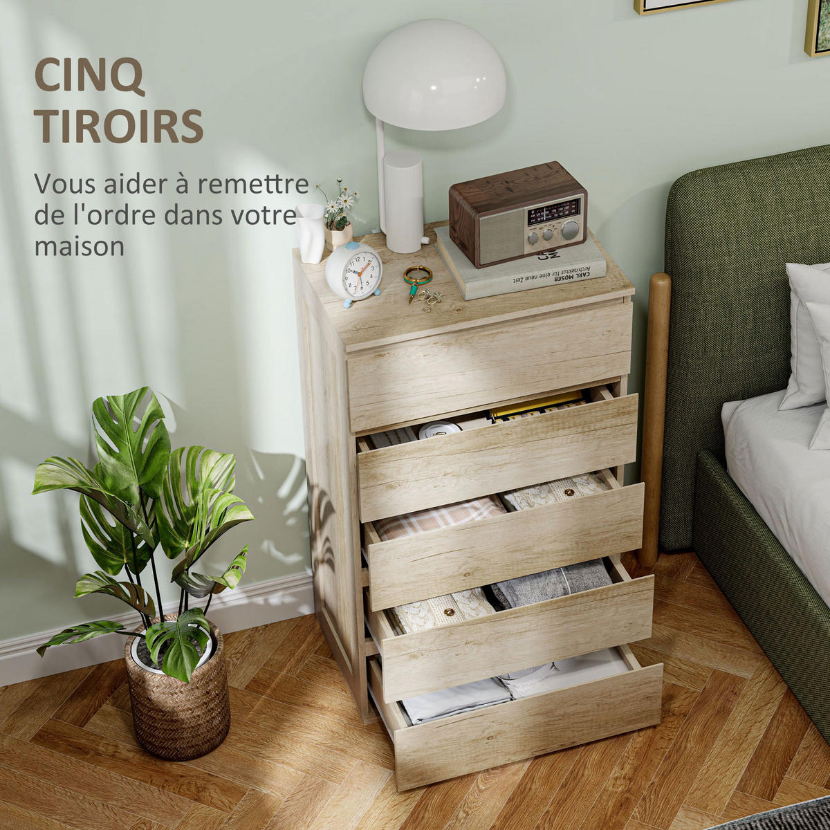 KOMOODE DE-12864 5 Schubladen, grifflos, minimalistisch Naturholz - Naturfarben, Holzwerkstoff (60/100/39cm) - ComfortXL