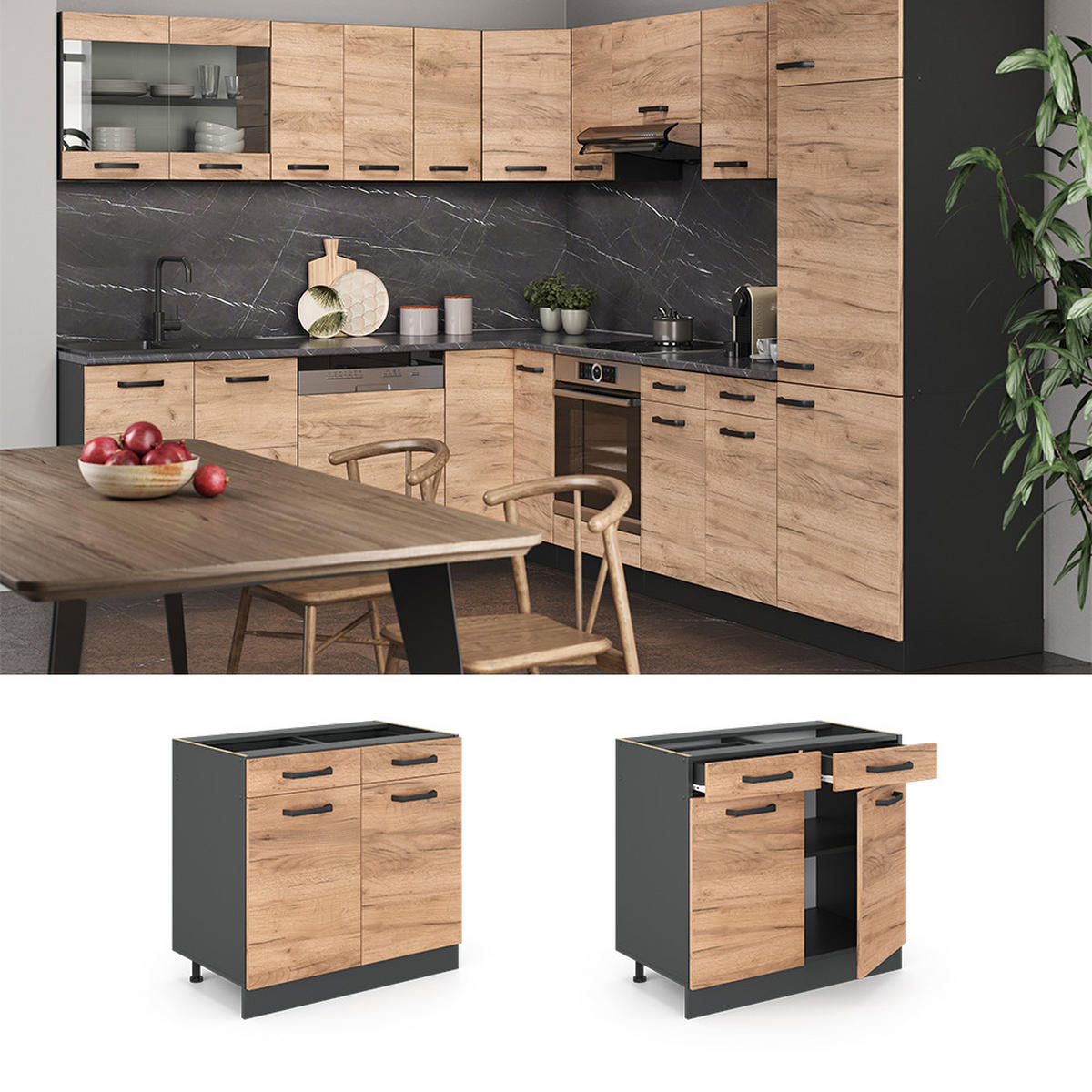 KÜCHENUNTERSCHRANK R-Line Goldkraft Eiche 80 cm ohne Arbeitsplatte - Honigeiche/Anthrazit, Holzwerkstoff (80/81.6/46cm) - Vicco