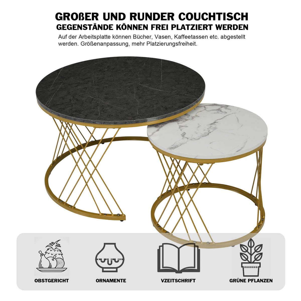 COUCHTISCH SET 2 Marmor Furnier Rund Gold Rahmen Nesting Tische - Grau, Holzwerkstoff (70/70/45cm)