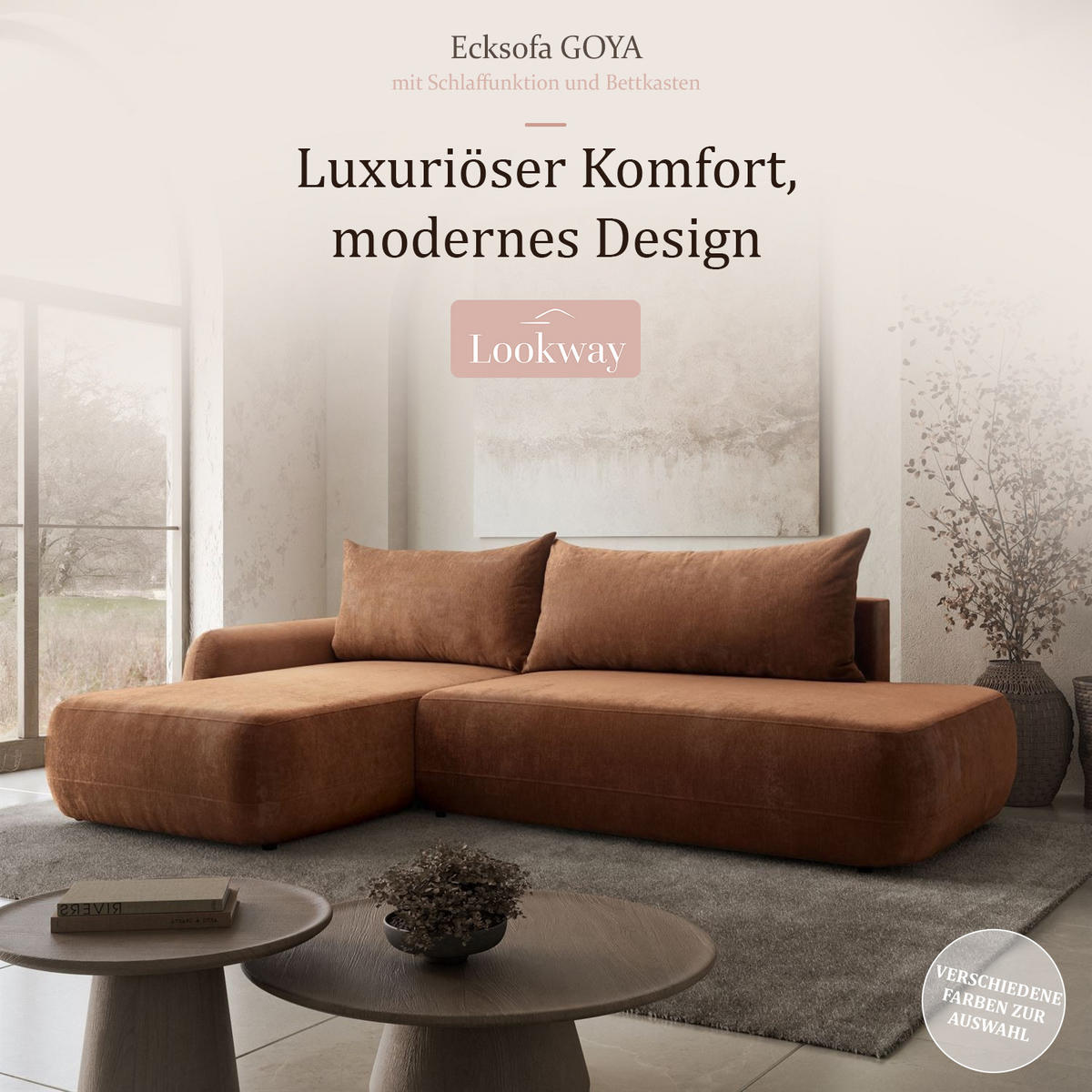 ECKSOFA GOYA mit Schlaffunktion und Bettkasten, Rechte, Perfect Harmony 52 - Rotbraun, Textil (302/184cm) - Lookway