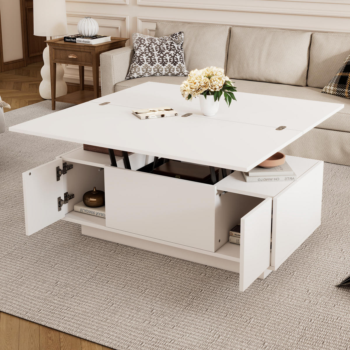 COUCHTISCH Wohnzimmertisch mit 2 Hebeplatten, Hubfunktion, Stauraum kompakt bis 50 kg MDF Weiß - Weiß, Holzwerkstoff (100/50/55.5cm) - EVRYAE