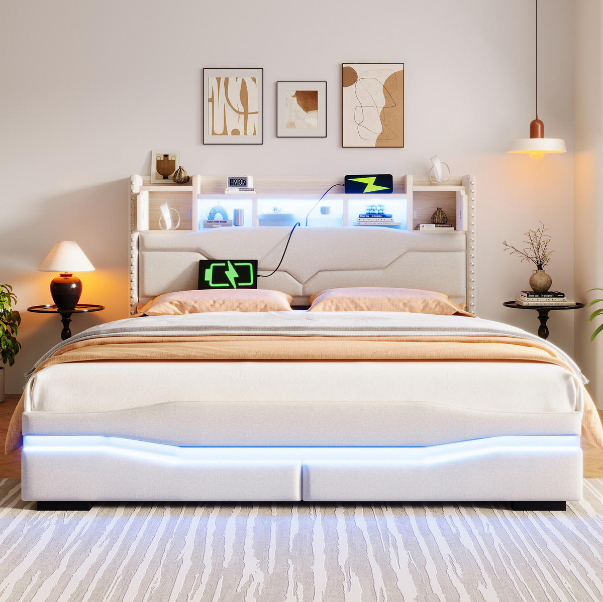 POLSTERBETT 160/200 cm Beige aus Leinen mit LED-Beleuchtung und Stauraum - Beige, Textil (160/200cm) - OKMYHOME