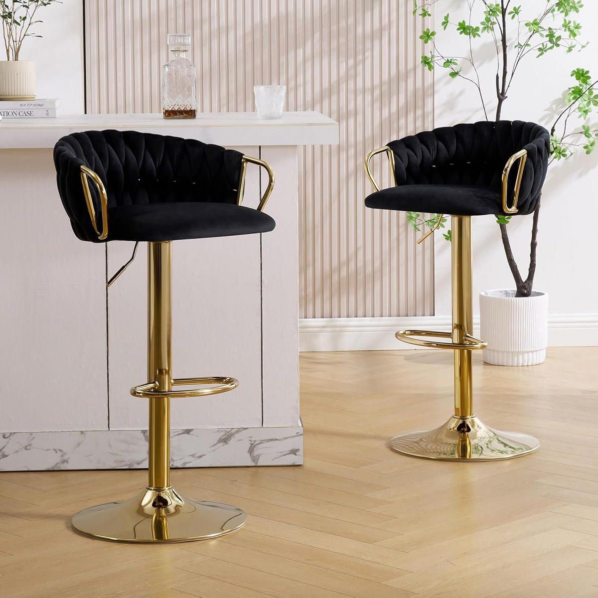 BARHOCKER 4er-Set Samt Schwarz höhenverstellbar drehbar mit geflochtener Rückenlehne - Schwarz, Textil (42/100/39cm)