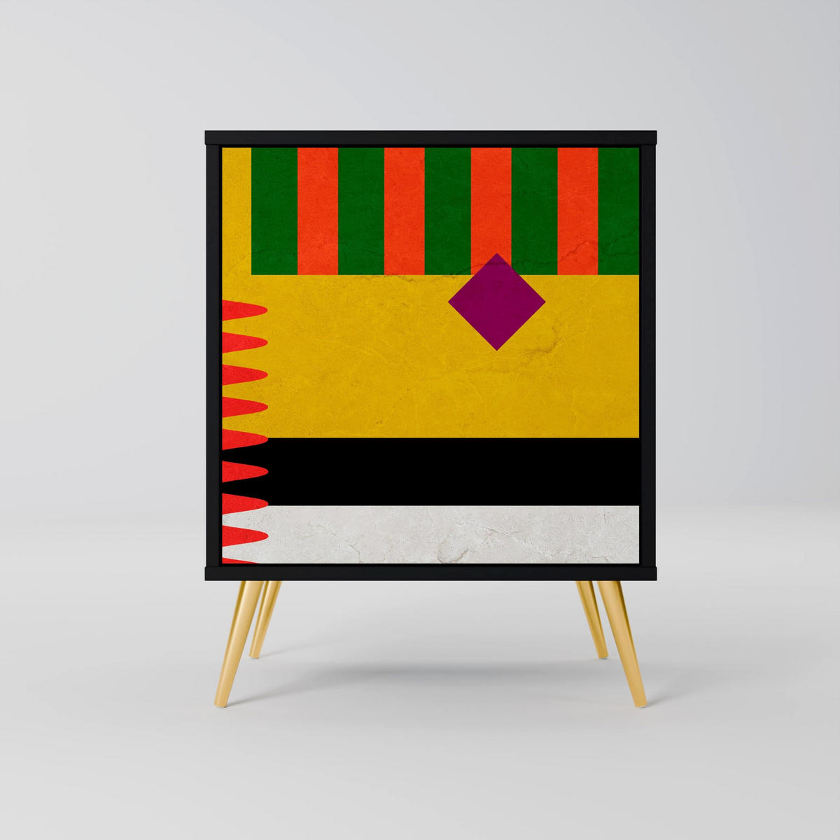 SIDEBOARD VIVID ART, Schwarz, 57,5x42x72,5 cm, Schwarze Metallfüße - Multicolor/Schwarz, Holzwerkstoff/Metall (57.5/72.5/42cm) - SpaceRebels