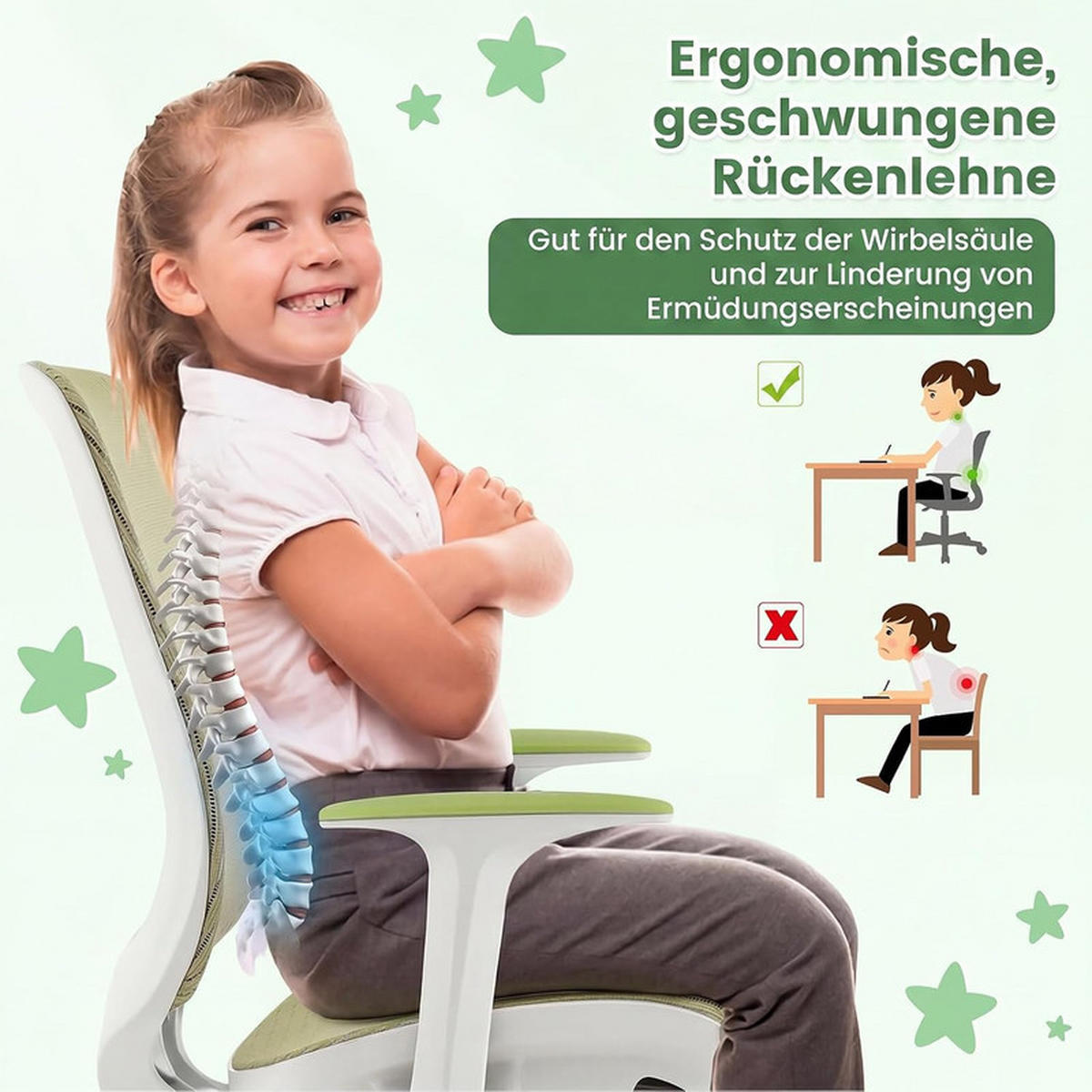 KINDER‑BÜROSTUHL höhenverstellbar grün - Grün, Kunststoff (57/80/57cm) - COSTWAY