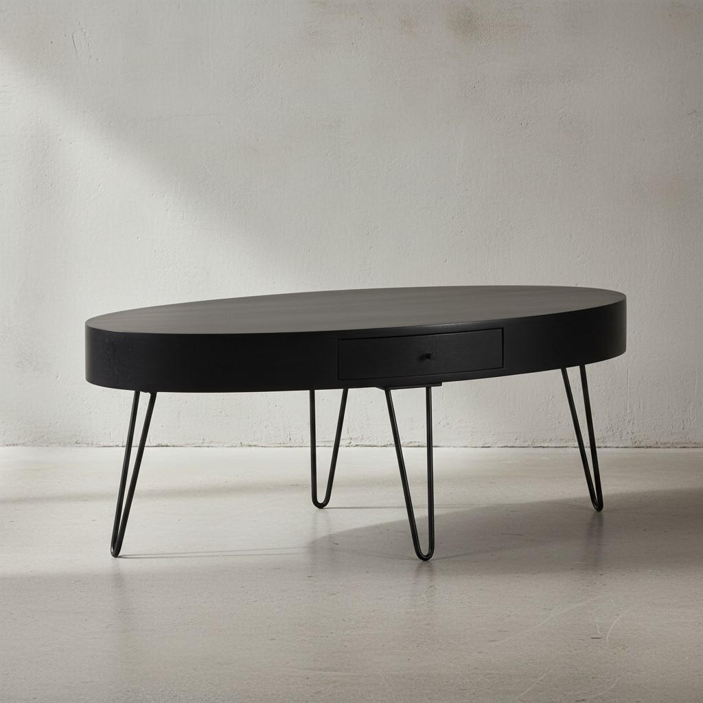 COUCHTISCH in Mango-Massivholz und Metall, 100x50x40 cm, Oval, mit Schublade, Stauraum und Haarnadelbeinen - Schwarz, Holz/Metall (50/100/40cm) - KADIMA DESIGN
