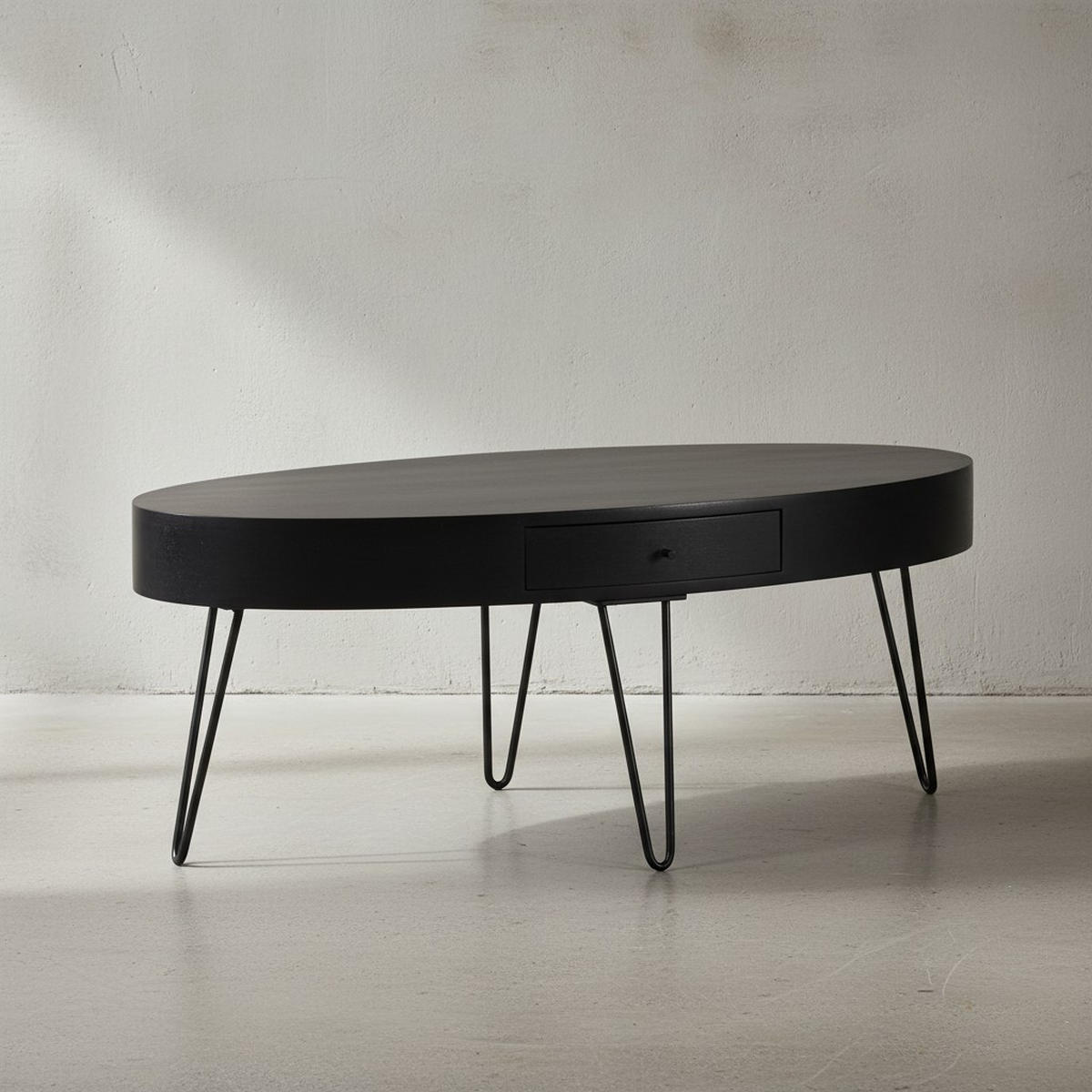 COUCHTISCH in Mango-Massivholz und Metall, 100x50x40 cm, Oval, mit Schublade, Stauraum und Haarnadelbeinen - Schwarz, Holz/Metall (50/100/40cm) - KADIMA DESIGN