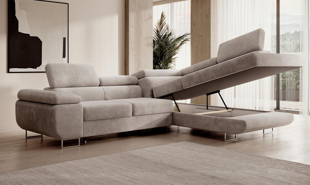 ECKSOFA Stevil Graubeige Cordbezug - Greige/Silberfarben, Textil/Metall (275/203cm) - Selsey
