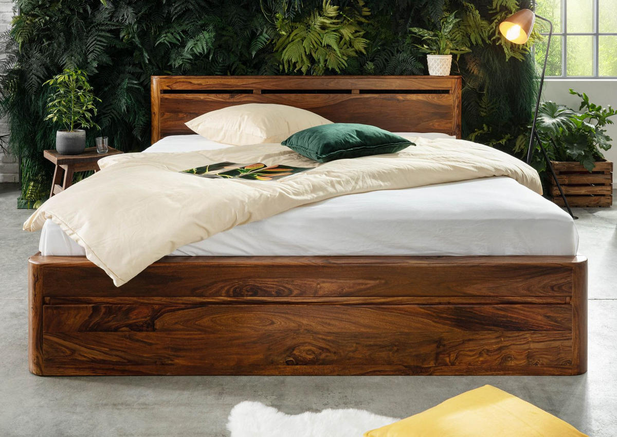 BETT Massivholz Akazie / Sheesham 200 x 200 x 90 walnussbraun TORONTO #258 - Walnussfarben, Holz (200/200cm) - Massivmoebel24