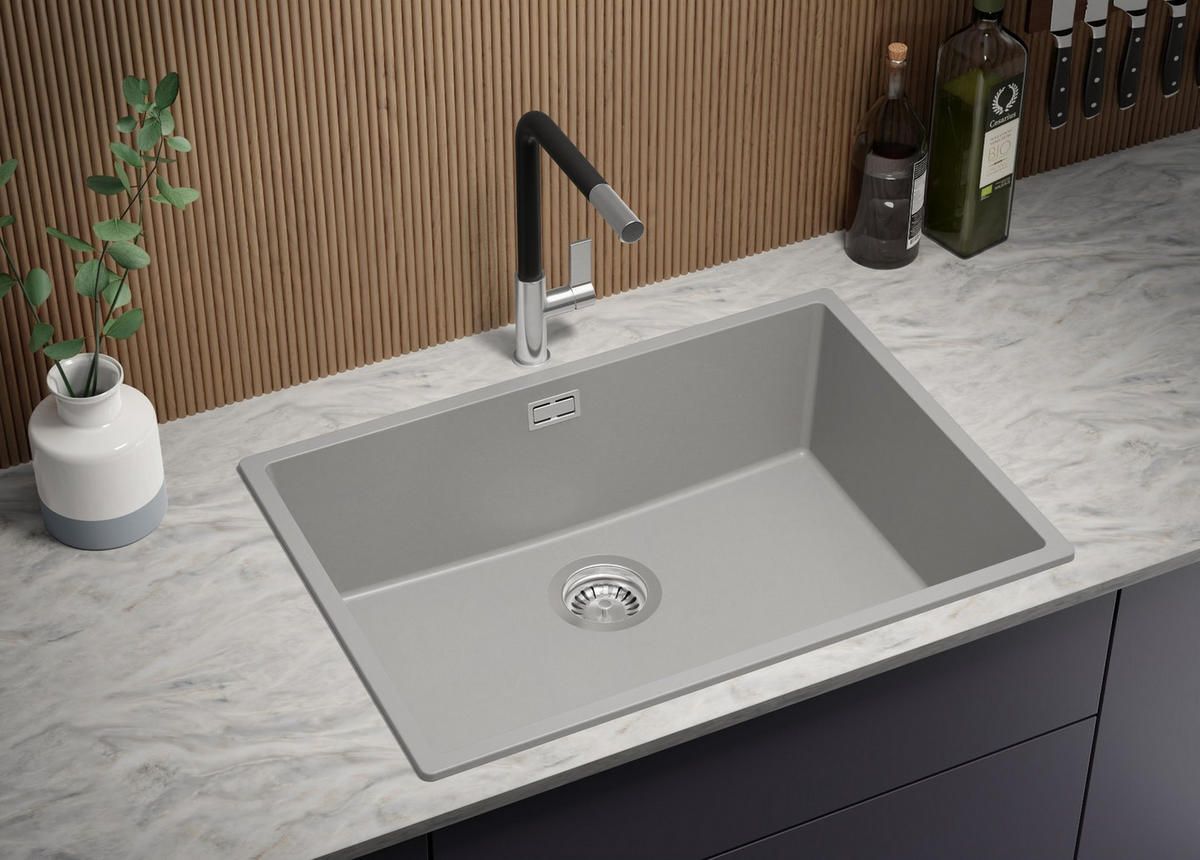 GRANITSPÜLE London Slim, 2-er set Grau 66/47 cm 1 Becken + Küchenarmatur 32/20 cm + Ablauf-Set ab 70er Unterschrank - Chromfarben/Grau, Kunststoff (66/20/47cm) - Primagran