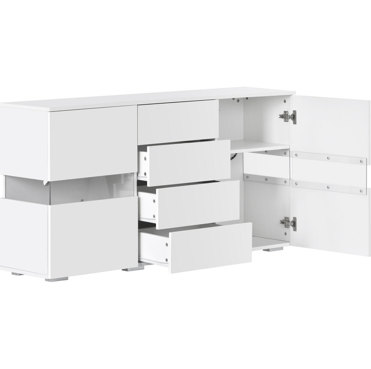 SIDEBOARD 140/35/72 cm mit 2 Acryltüren, 4 Schubladen & LED in Weiß - Weiß, Holzwerkstoff (145/72/35cm) - BEAOK