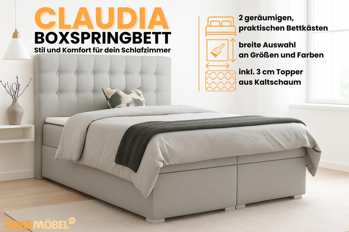 BOXBETT CLAUDIA 180/200 Velour Hellgrau mit Taschen-Federkernmatratzen 7 Zonen H4 - Hellgrau, Holzwerkstoff (180/200cm) - Deine Möbel 24