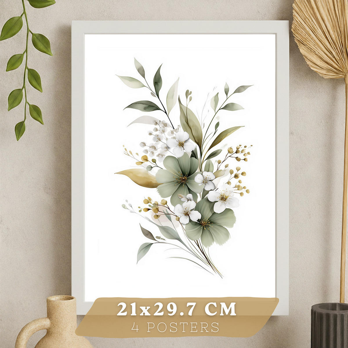 PLAKAT Sada 4 botanických uměleckých tisků. Akvarelové květinové nástěnné umění. Velikost Bílý rám A4 - bílá, papír (21/29.7/3cm) - Nacnic
