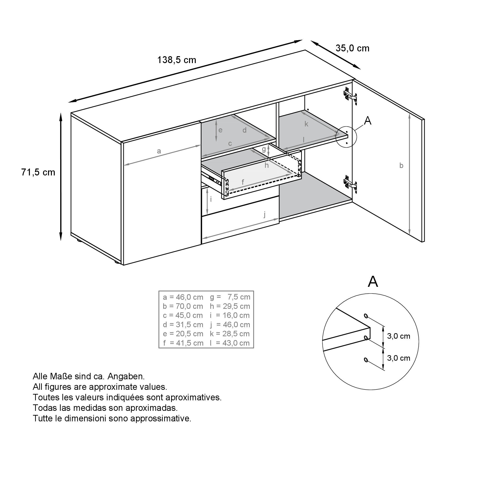 Thumbnail - Vladon Sideboard, Weiß, Holzwerkstoff, 138.5x71.5x35 cm, Wohnzimmer, Kommoden & Sideboards, Sideboards