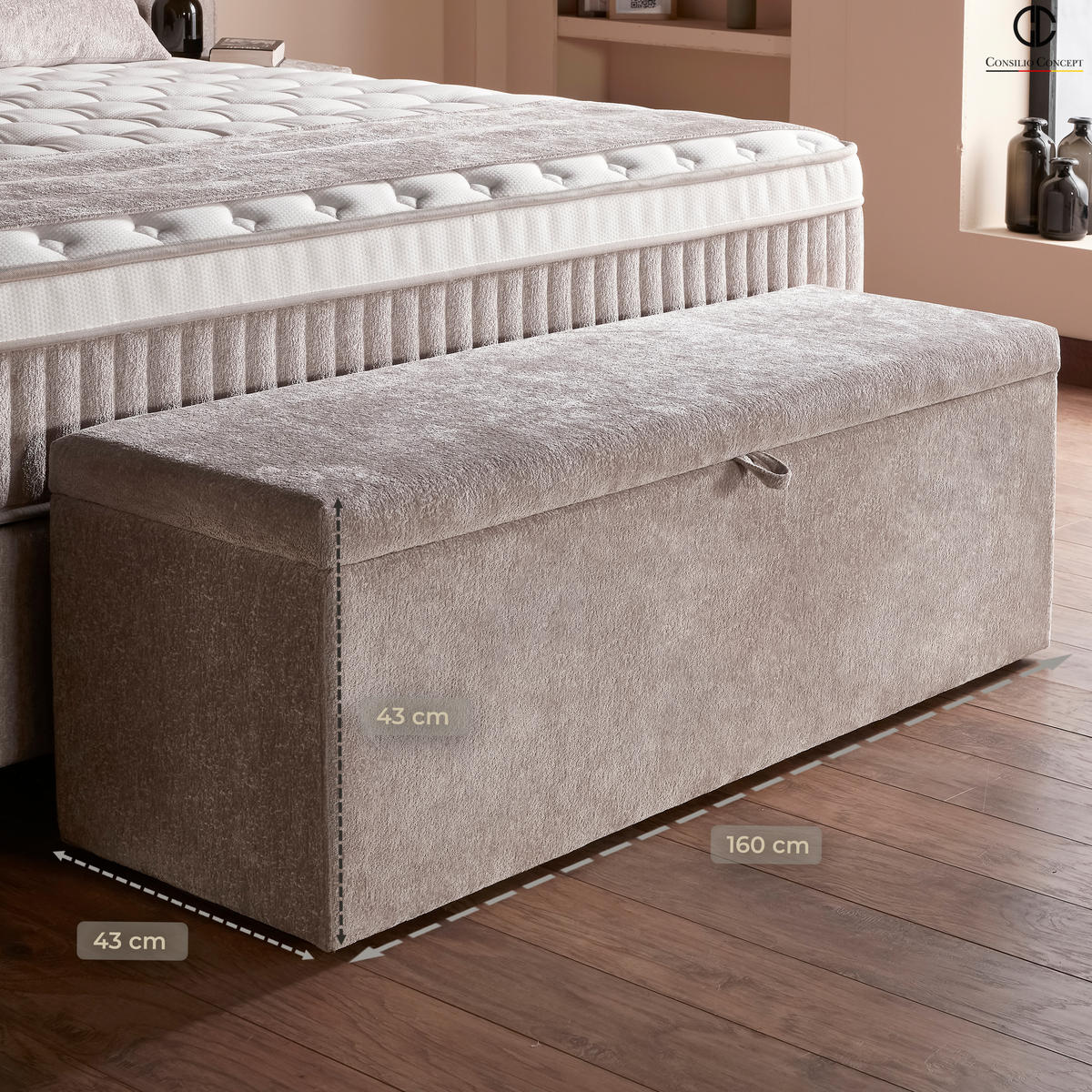BETTBANK PALERMO 160/43/43 cm, Beige, Aufklappbar, mit Stauraum - Creme/Schwarz, Holz/Kunststoff (160/43/43cm) - Consilio Concept