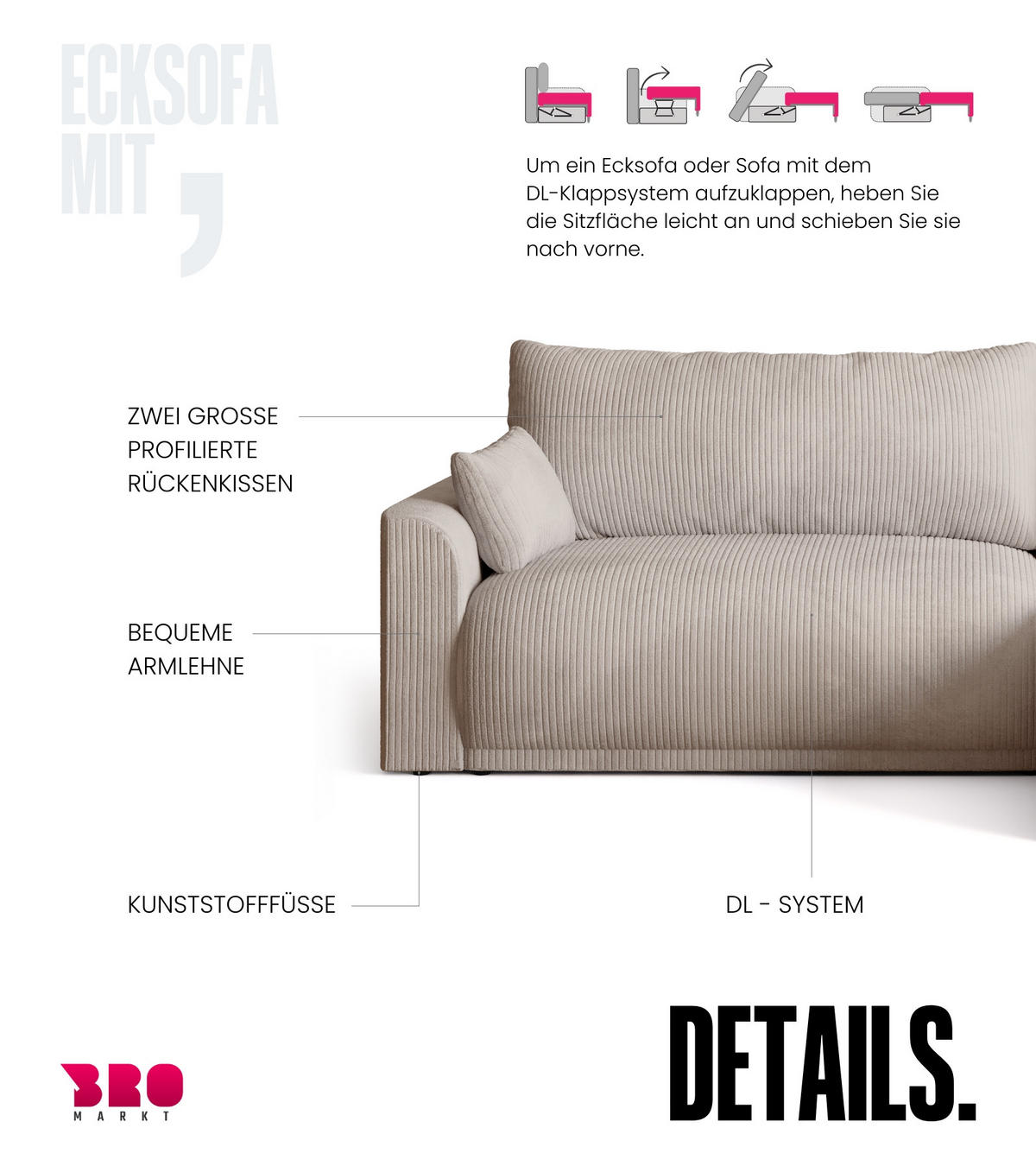 ECKSOFA MORENO mit Schlaffunktion Vanille Cord - Creme, Textil (262/160cm) - Bromarkt