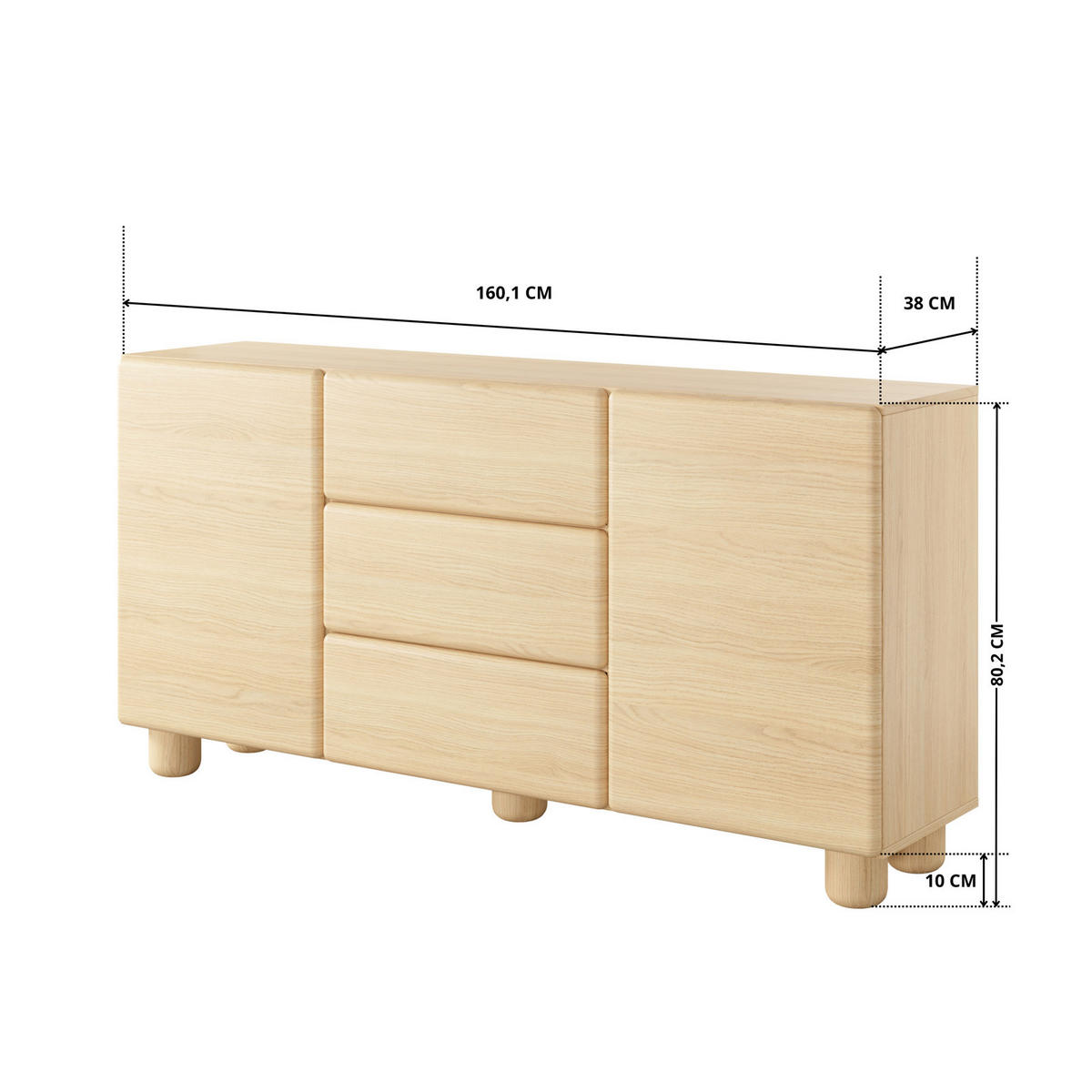 SIDEBOARD CERVI C 160 cm Eiche Vicenza - mit 2 Türen, 3 Schubladen und abgerundeten Fronten - Eichefarben, Holz/Holzwerkstoff (160/80/38cm) - Ravio