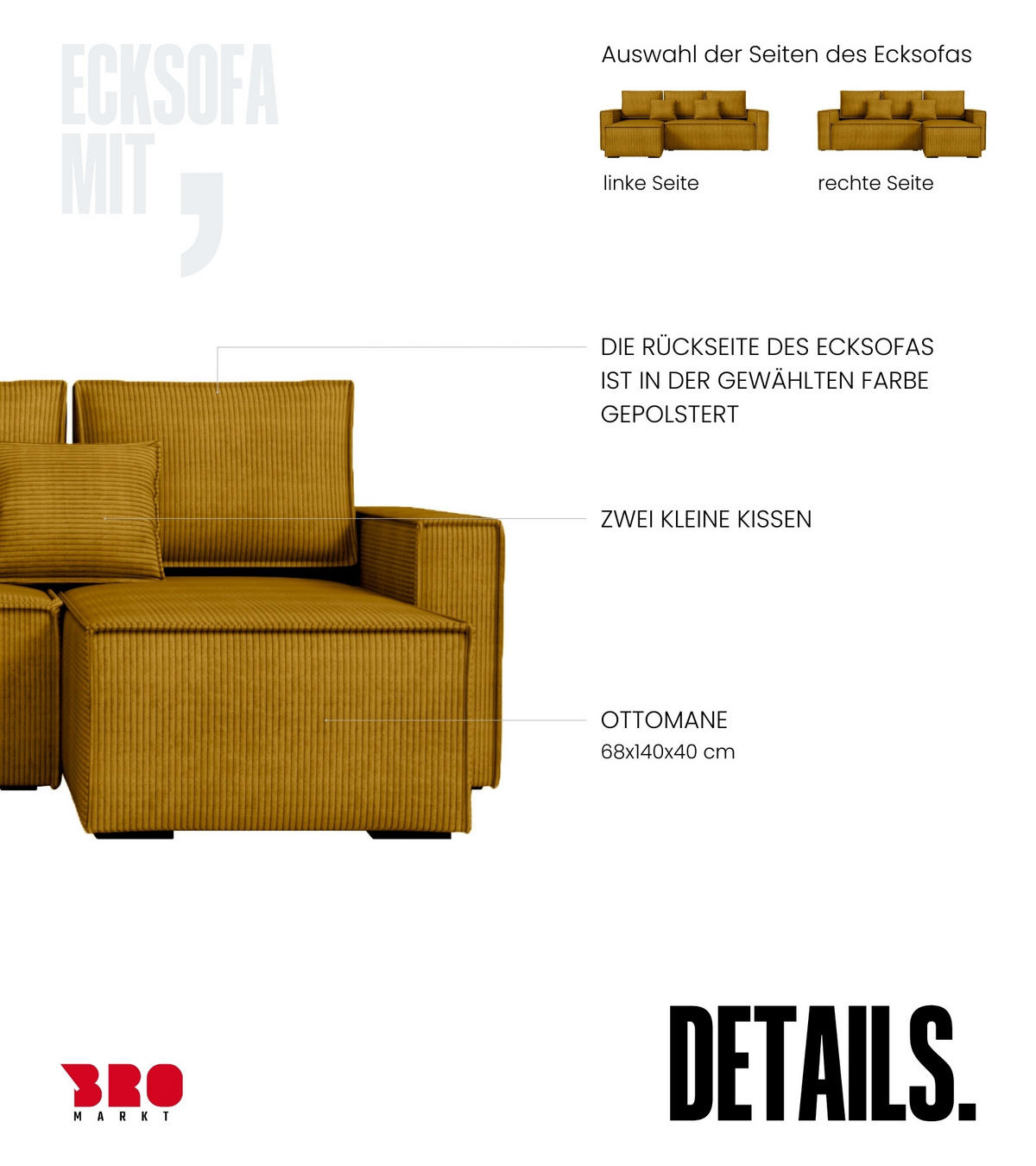 ECKSOFA Dexter mit Schlaffunktion Gelb Cord - Gelb, Textil (238/141cm) - Bromarkt