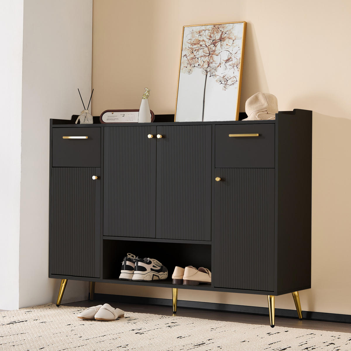 SCHUHSCHRANK mit 2 Schubladen und 4 Türen 130 x 37 x 100 cm Schwarz - Schwarz, Holzwerkstoff (37/100/130cm) - Beauniv