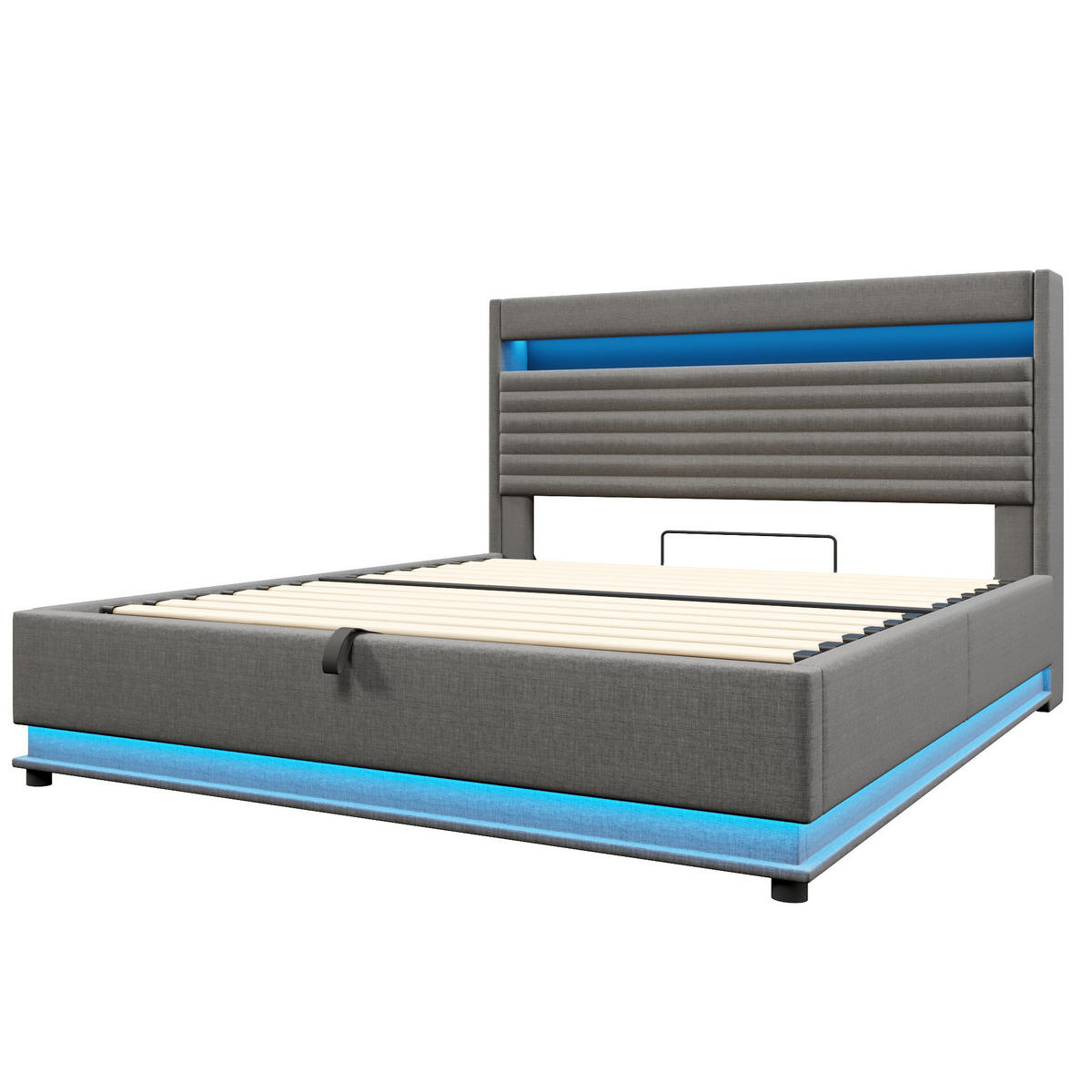 POLSTERBETT mit Stauraum 180x200 cm Leinen Grau mit LED und USB - Grau, Metall (180/200cm) - Meubliv