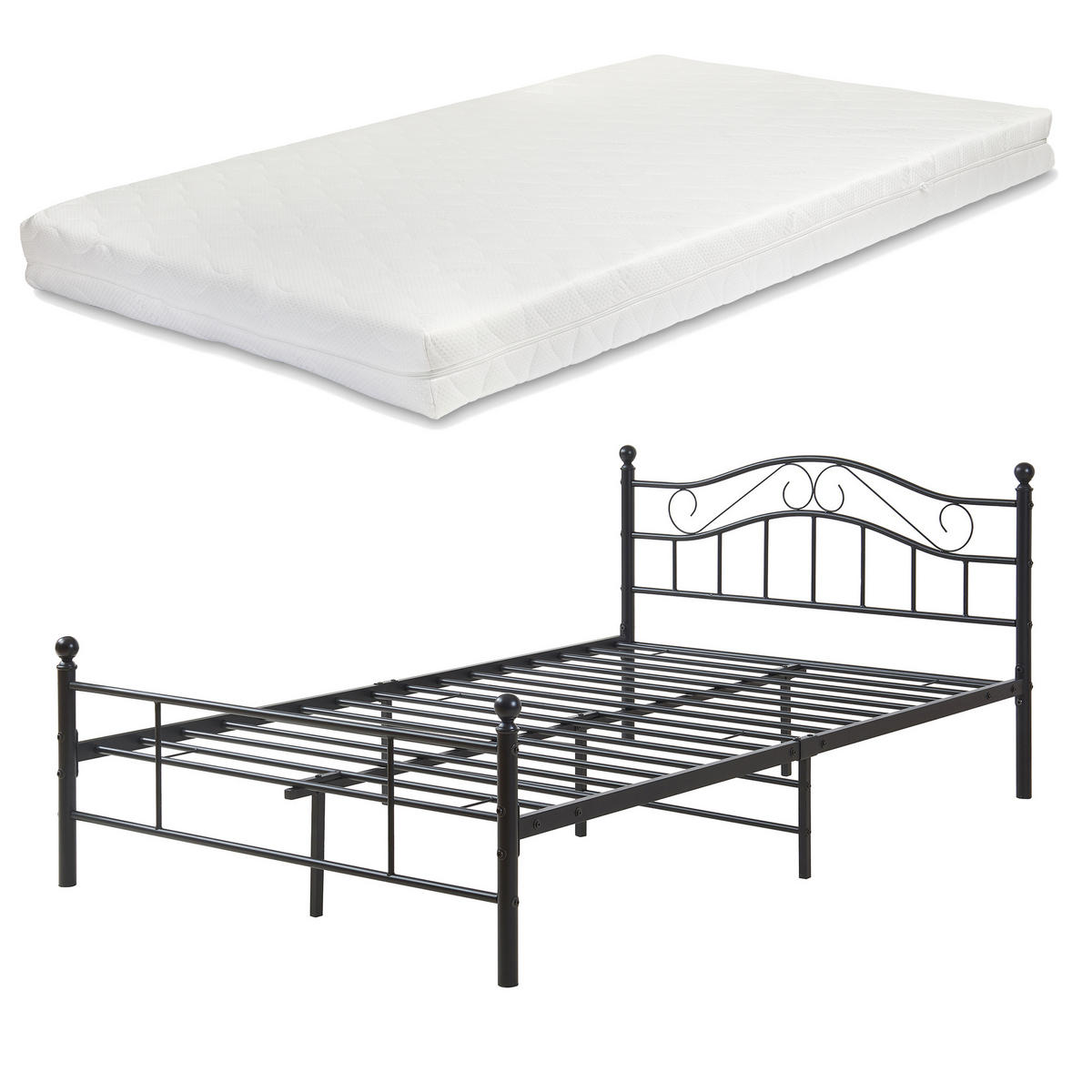 METALLBETT Florenz mit Matratze - Schwarz, Textil/Metall (120/200cm) - [en.casa]