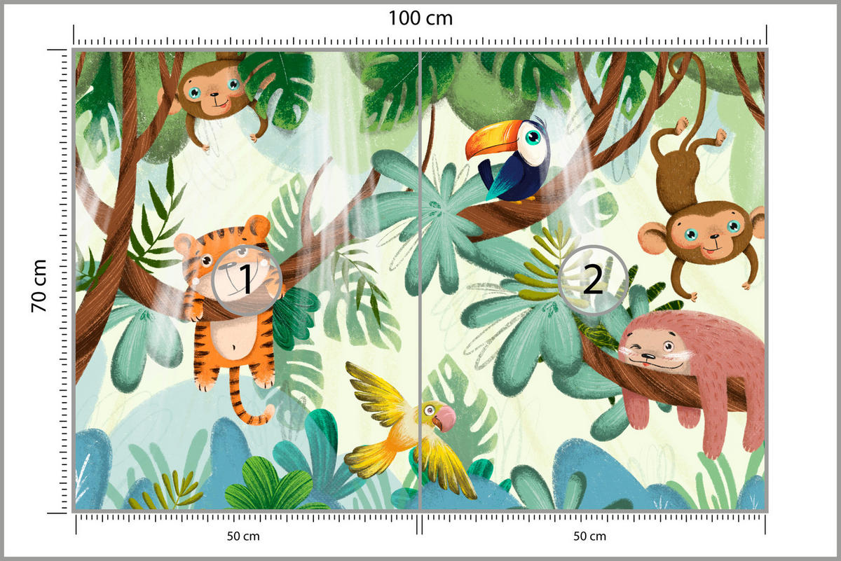 FOTOTAPETE für Kinderzimmer Süße Dschungeltiere Monstera Affen Tiger Vogel 100x70 - Gelb/Beige, Papier (100/70cm) - Muralo