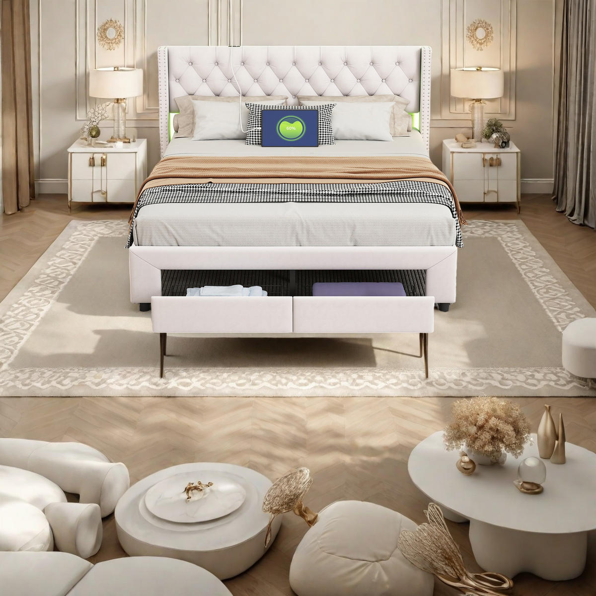 POLSTERBETT 180x200 cm Beige Samt LED USB Bettkasten - Beige, Metall (180/200cm) - SHOPENTRA