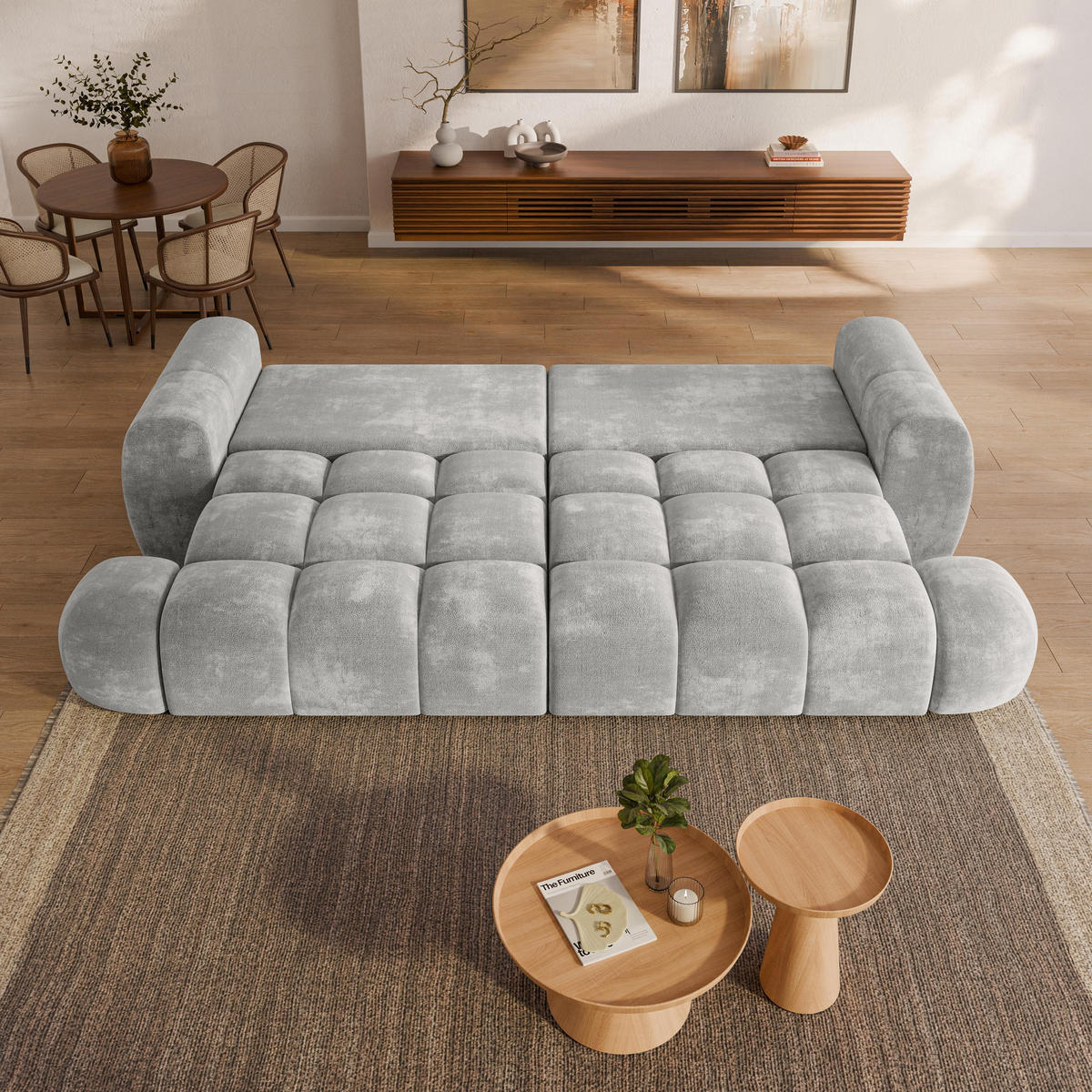 BETTSOFA DAFNE Hellgrau Chenille-Stoff mit Schlaffunktion - Hellgrau, Textil (300/88/113cm) - MASSENO