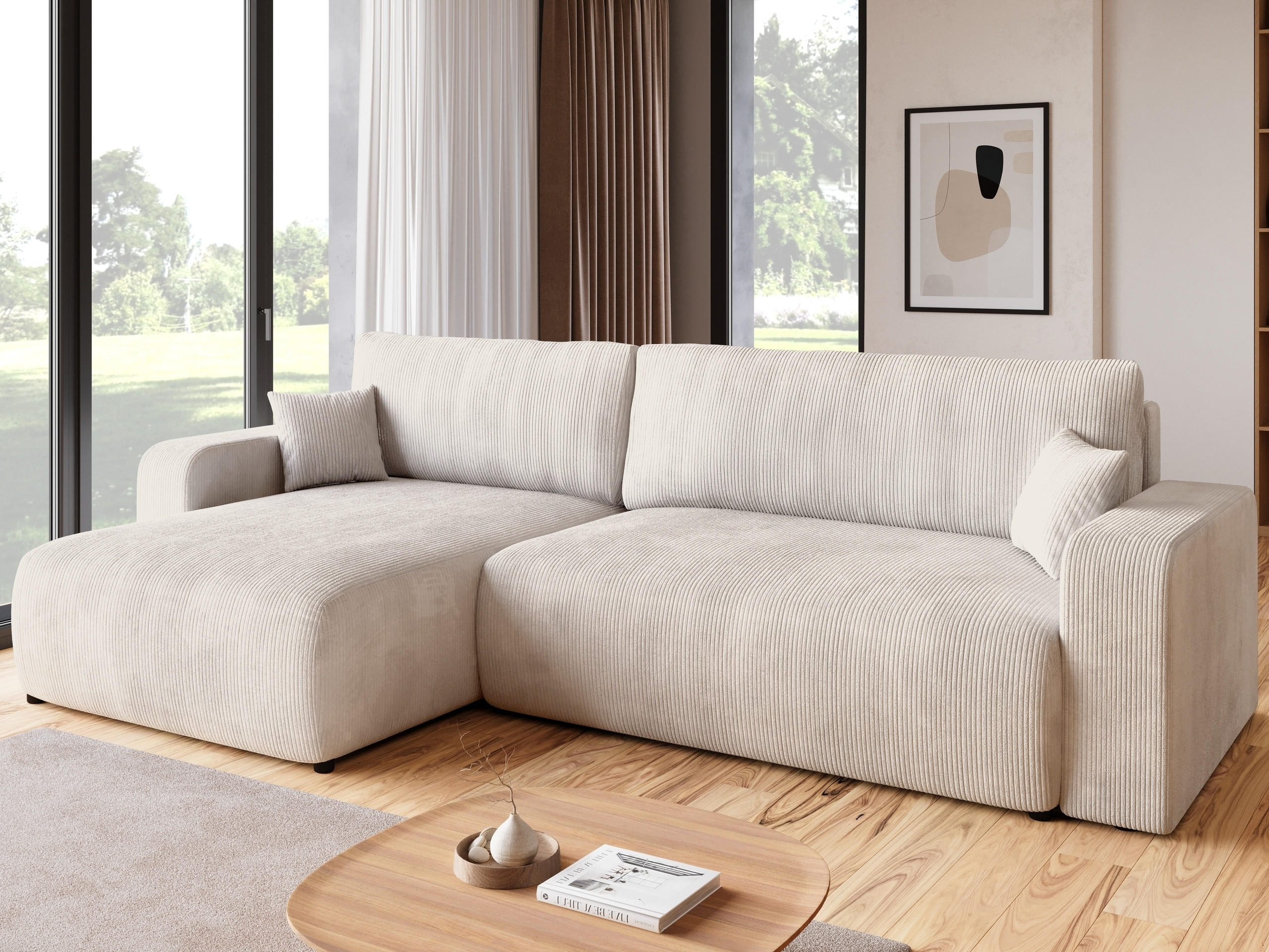 ECKSOFA PUMI XL mit Schlaffunktion Vanille Cord - Creme, Textil (274/148cm) - Bromarkt