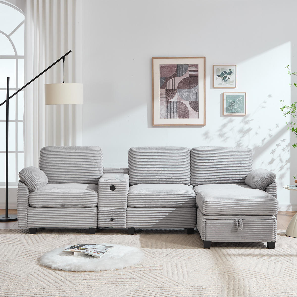 WOHNLANDSCHAFT Cord mit Stauraum und USB-Anschluss 266/136/82 cm Hellgrau - Hellgrau, Textil (136/82/266cm) - Redom