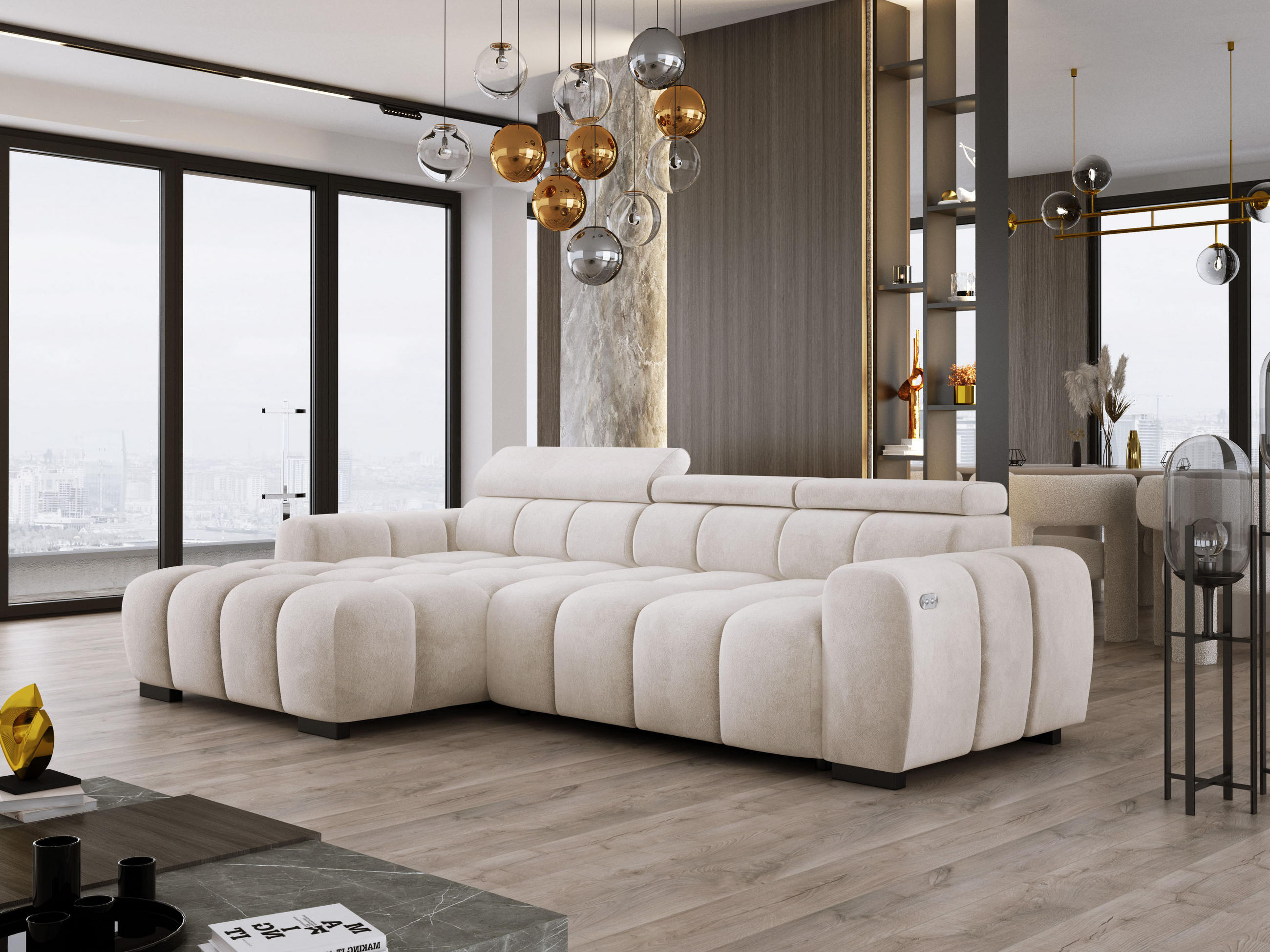 ECKSOFA OMBO 285x168x77/97 cm, Links, Schlaffunktion, elektr. Sitz, Kopfstützen, Buche dunkel, hydrophober SALVADOR-Stoff – Cappuccino - Beige, Holz/Textil (168/285cm) - DomoHome