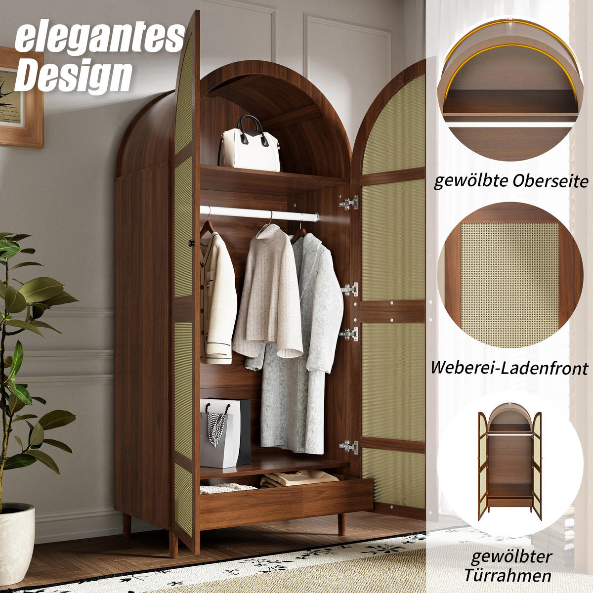 KLEIDERSCHRANK Gebogene Türen Stauraum Schubladen Modern - Walnussfarben, Holzwerkstoff (80/179/50cm) - FLIEKS