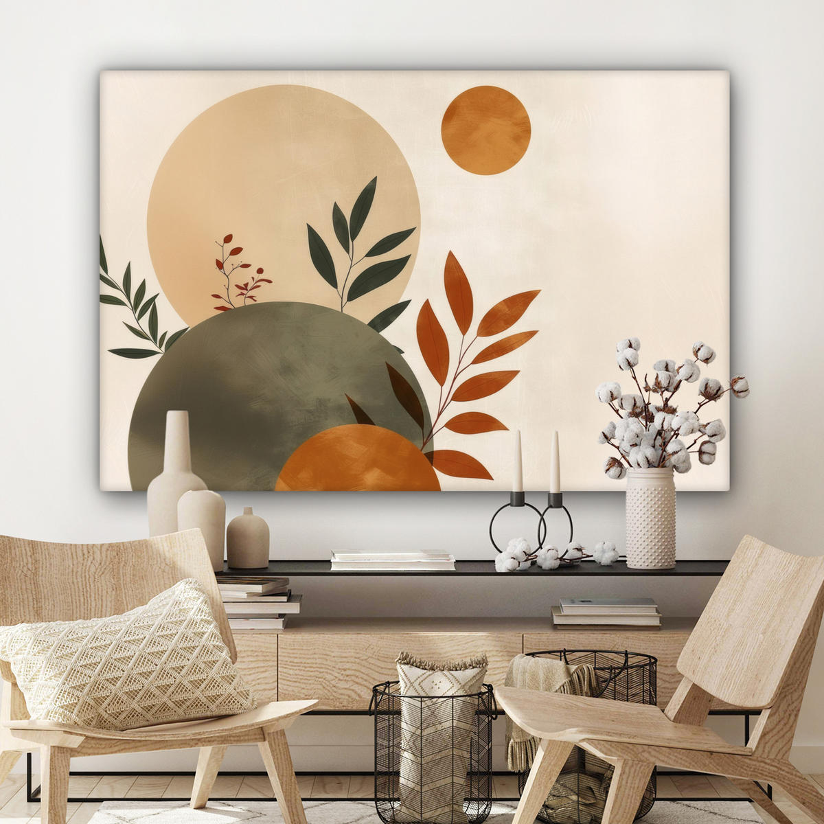 LEINWANDBILD Formen - Rund - Blätter - Beige Wohnzimmer Groß 120x80 cm - Rostfarben, Textil (120/80cm) - MuchoWow