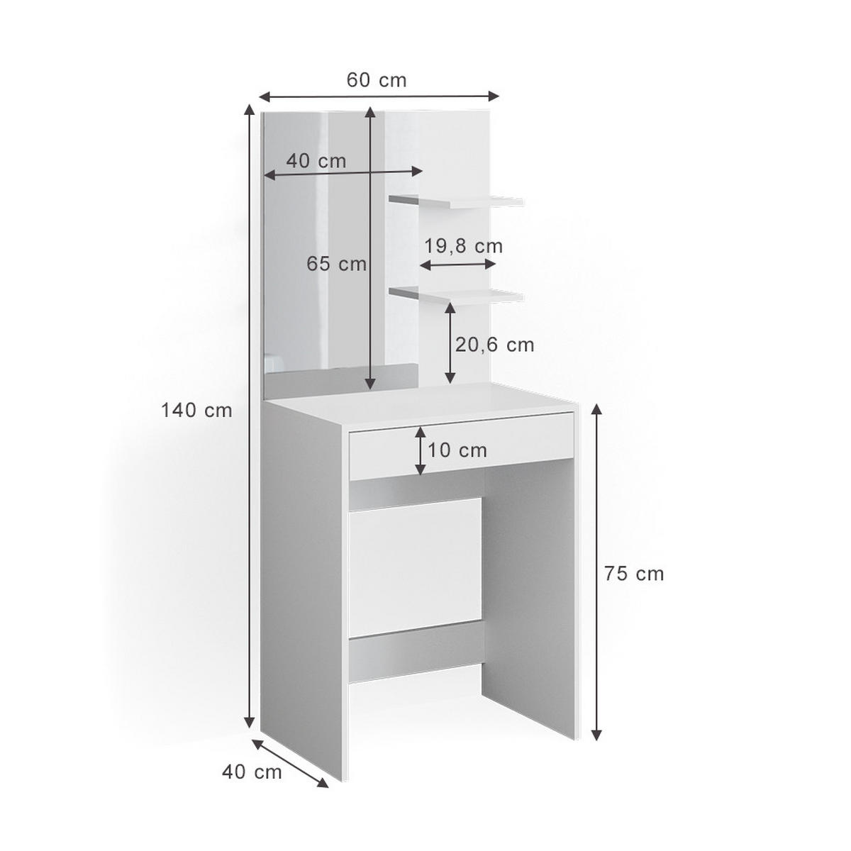 SCHMINKTISCH Isabelle Weiß 60 cm - Weiß, Holzwerkstoff (60/140/40cm) - Vicco