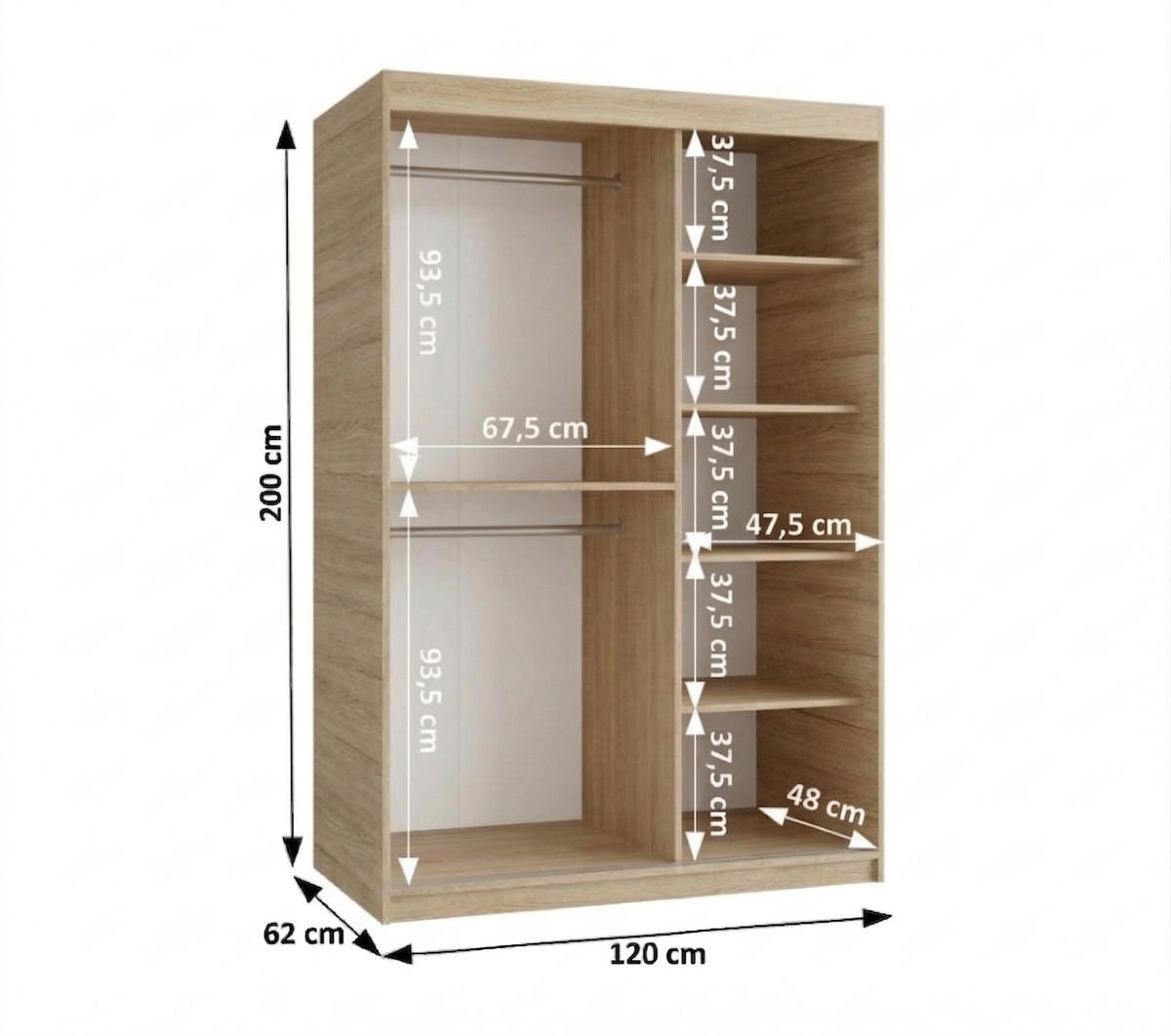 SCHIEBETÜRENSCHRANK mit Spiegel ULTRA 200/120/62 3-türig - Silberfarben/Sonoma Eiche, Holz (120/200/62cm) - MÖBEL KRYSPOL