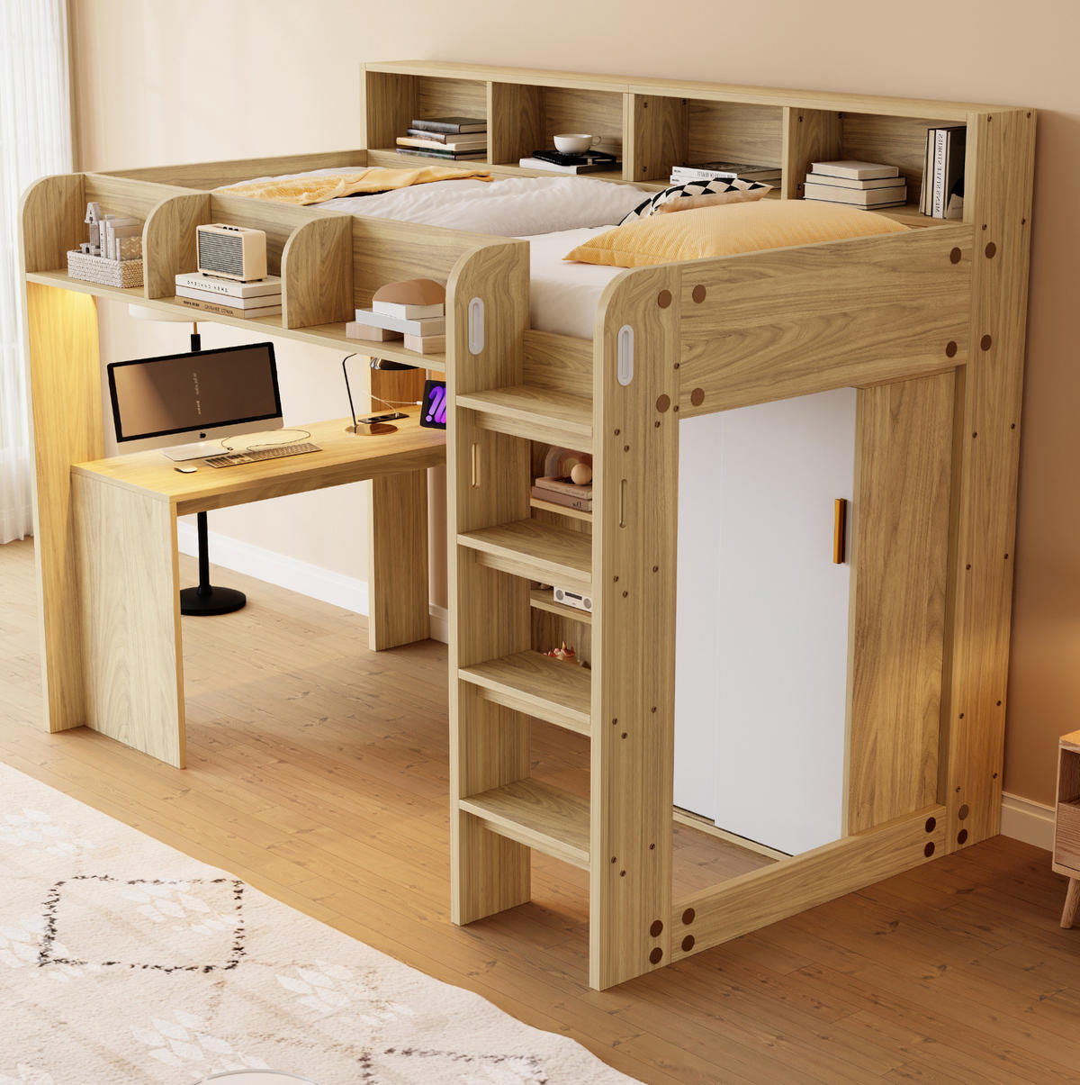 HOCHBETT aus MDF, Spanplatte und Sperrholz 90x200 cm Holzfarbe mit Schreibtisch, Kleiderschrank, LED-Beleuchtung und Steckdose - Naturfarben, Holzwerkstoff (90/200cm) - Modfu