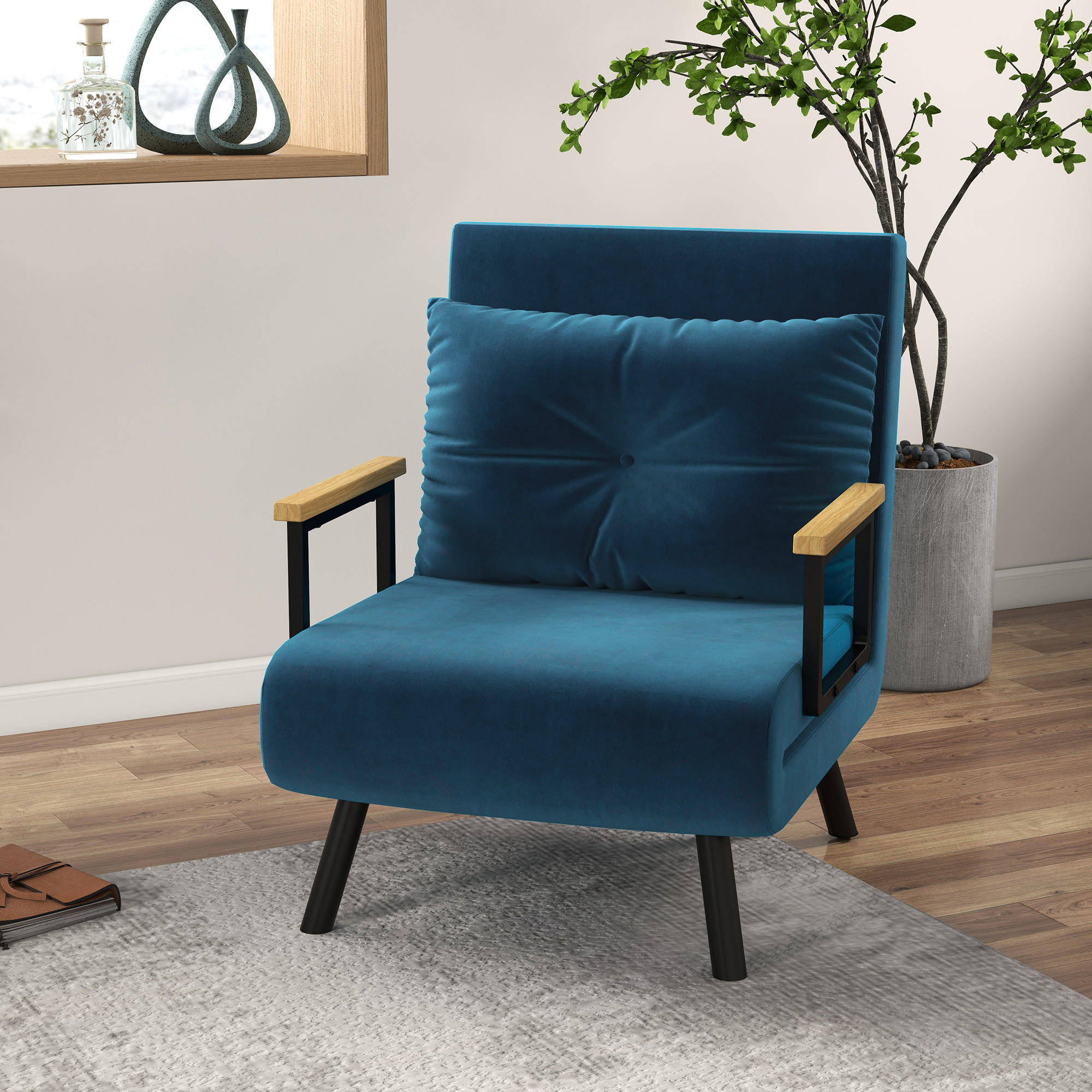 SCHLAFSESSEL, Einzelsofa mit Bettfunktion, Relaxsessel mit Rückenkissen Blau - Blau/Schwarz, Holz/Textil (73/81/63cm) - HOMCOM
