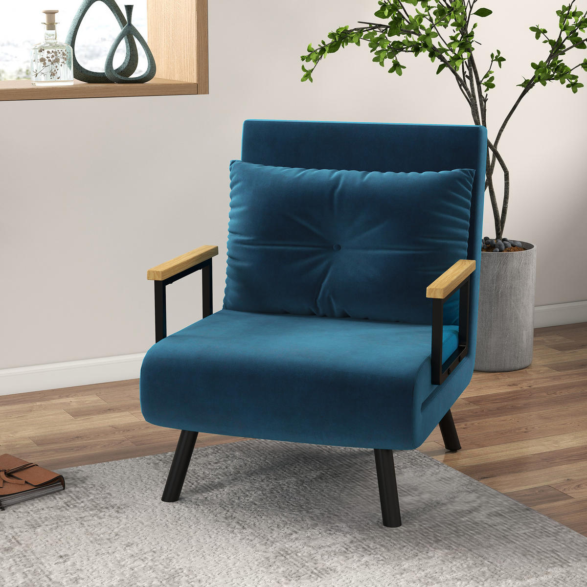 SCHLAFSESSEL, Einzelsofa mit Bettfunktion, Relaxsessel mit Rückenkissen Blau - Blau/Schwarz, Holz/Textil (73/81/63cm) - HOMCOM