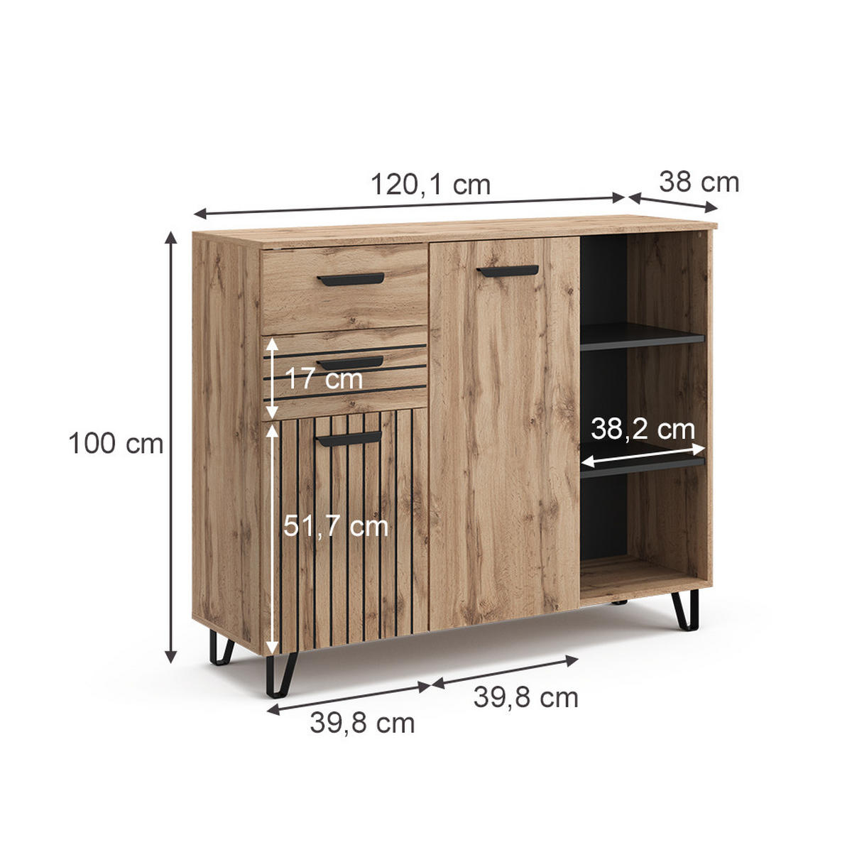 KOMMODE Amber Braun 120.1 x 100 cm mit 2 Schubladen und 2 Türen - Braun, Holzwerkstoff (38/100/120.1cm) - Vicco