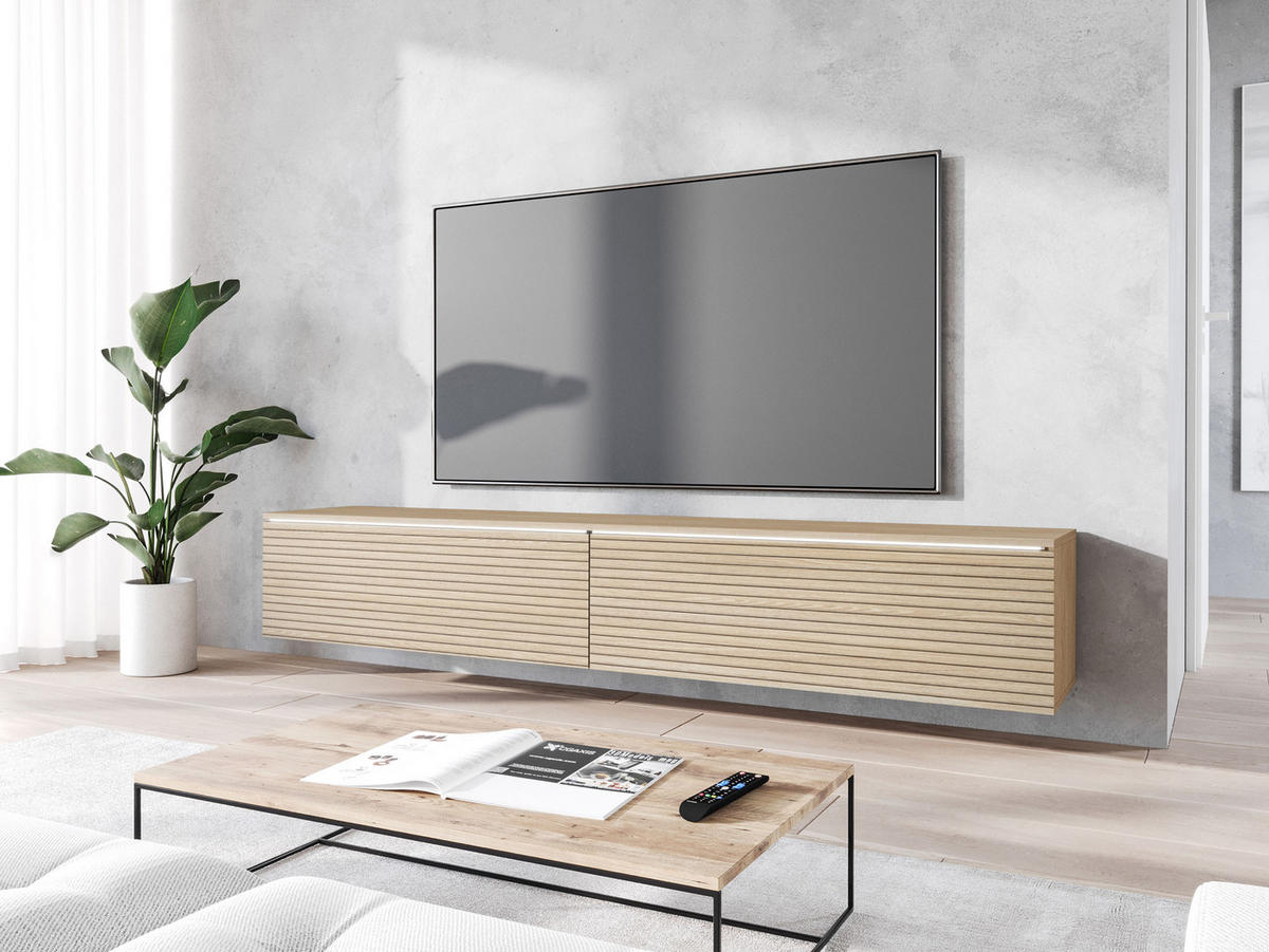 TV-LOWBOARD D180 mit weißer LED Beleuchtung - Silberfarben/Naturfarben, Holzwerkstoff/Kunststoff (180/30/33cm) - MIRJAN24