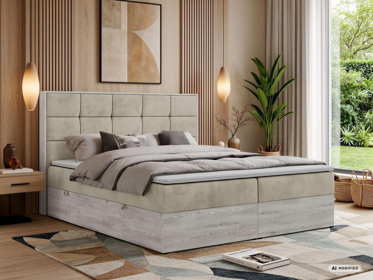 BOXSPRINGOVÁ POSTEĽ ALNOR 200/200 Béžová Samet - Topper Visco - H3 (stredne tvrdý) - čierna/béžová, textil/plast (200/200cm) - MKS
